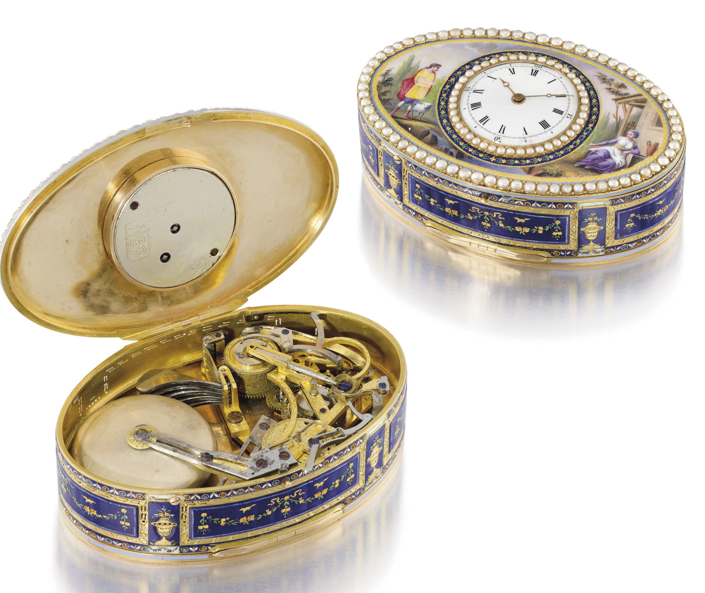 Swiss, attributed to Jaquet Droz. A fine and rare 18K gold, enamel and pearl-set musical snuff box with watch, made for the Chinese market