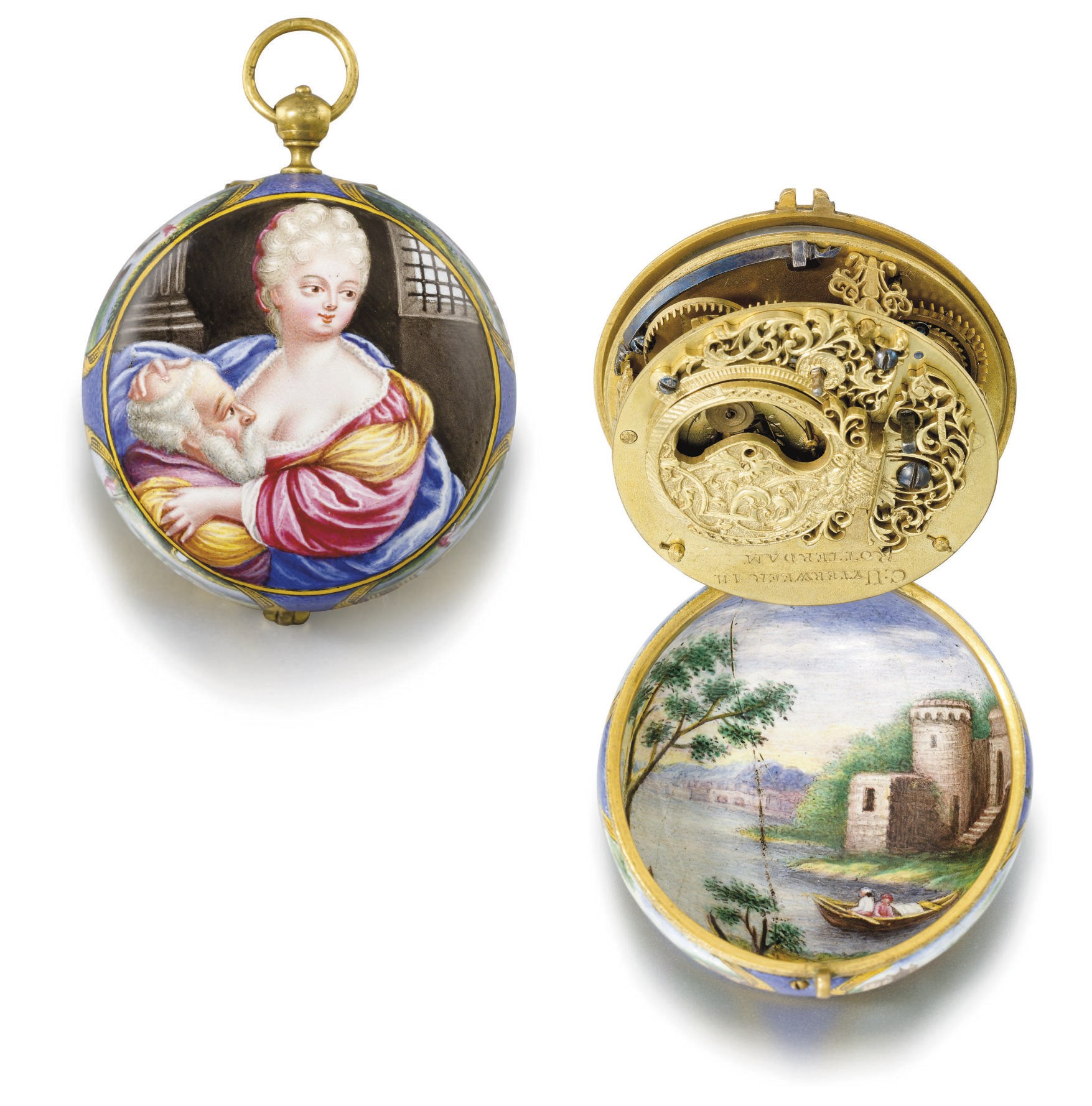 Uyterweer. An unusual gilt metal and enamel openface single handed verge watch with mock pendulum