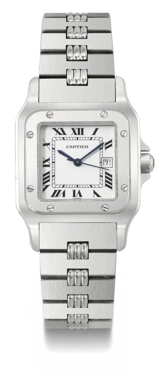 Cartier. A stainless steel square automatic wristwatch with sweep centre seconds, date and bracelet