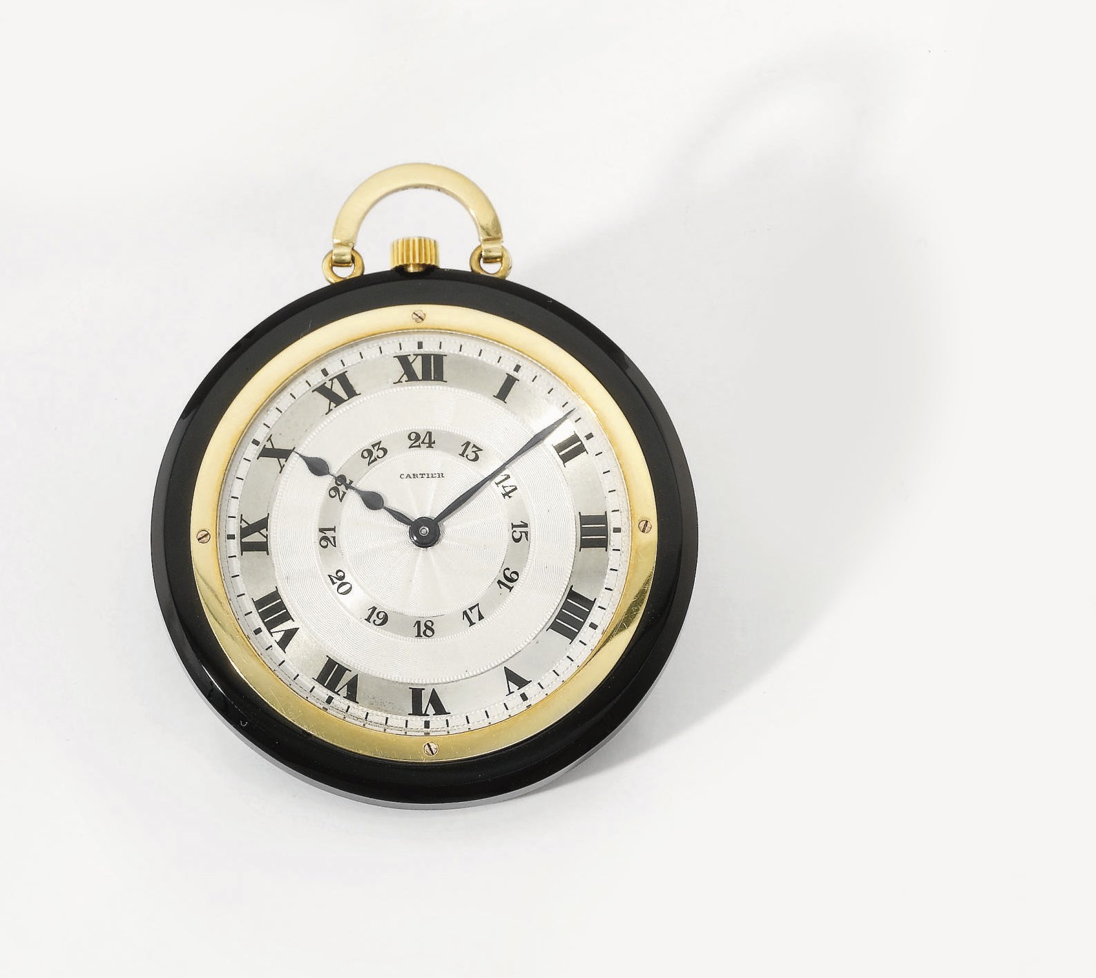 Cartier. A fine and rare 18K gold and black onyx openface keyless lever dress watch