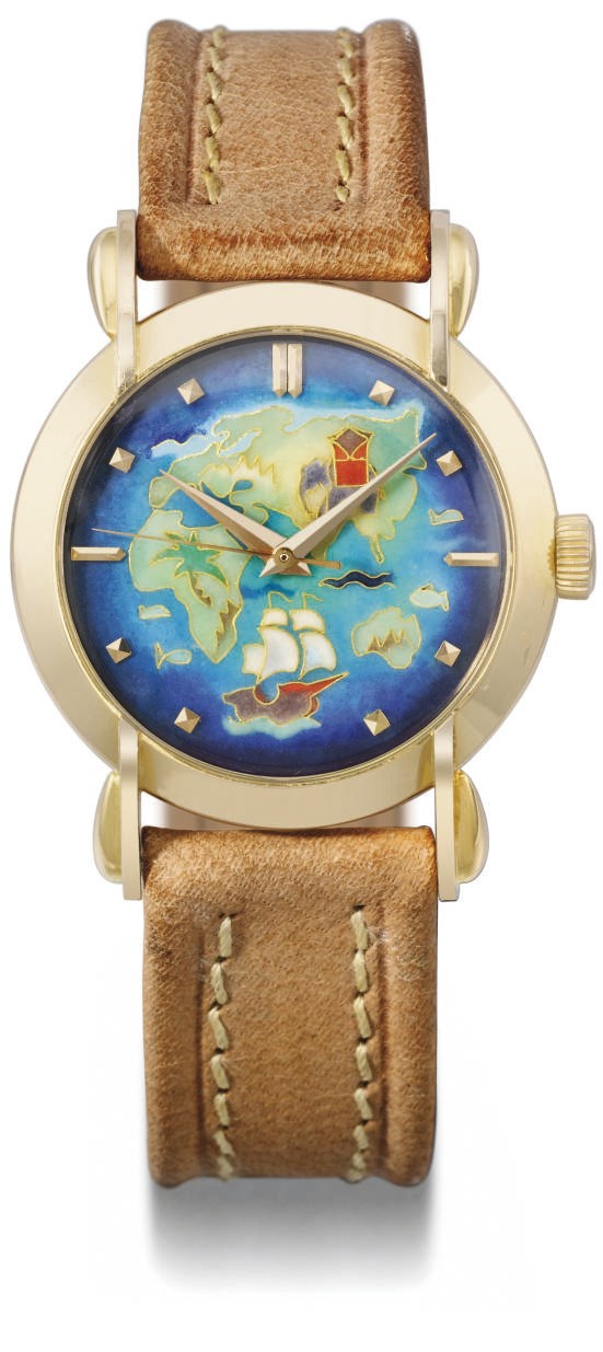 Eska. A very fine, rare and attractive 18K pink gold automatic wristwatch with sweep centre seconds and cloisonne enamel dial depicting the eastern hemisphere