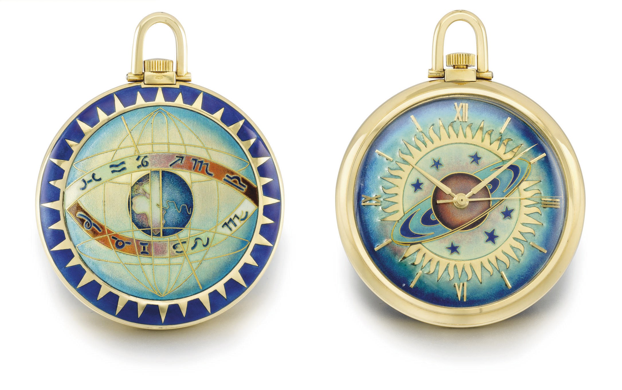 Gübelin. A very fine and rare 18K gold and cloisonné enamel openface automatic keyless lever watch