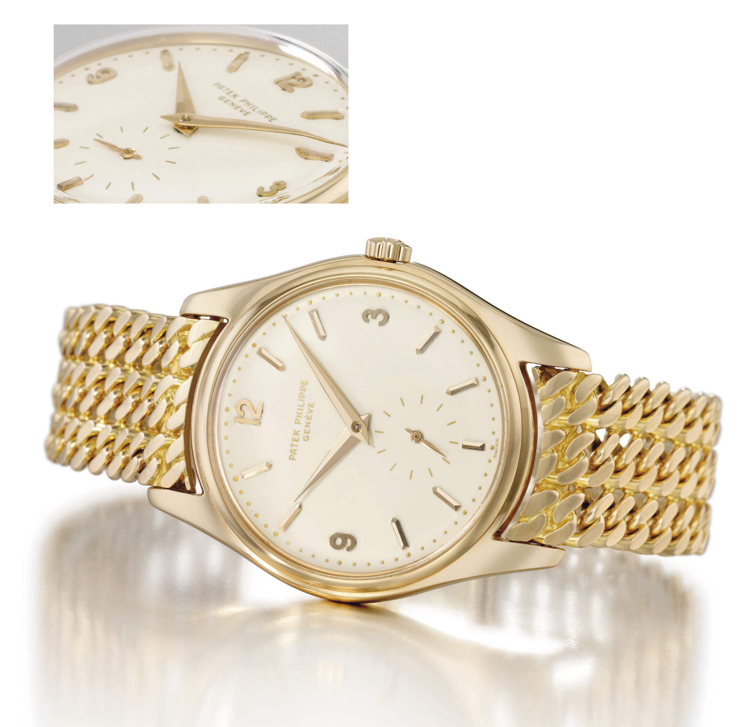 Patek Philippe. A very fine and rare 18K pink gold automatic wristwatch with enamel dial and unique dial layout, featuring baton and Arabic numerals