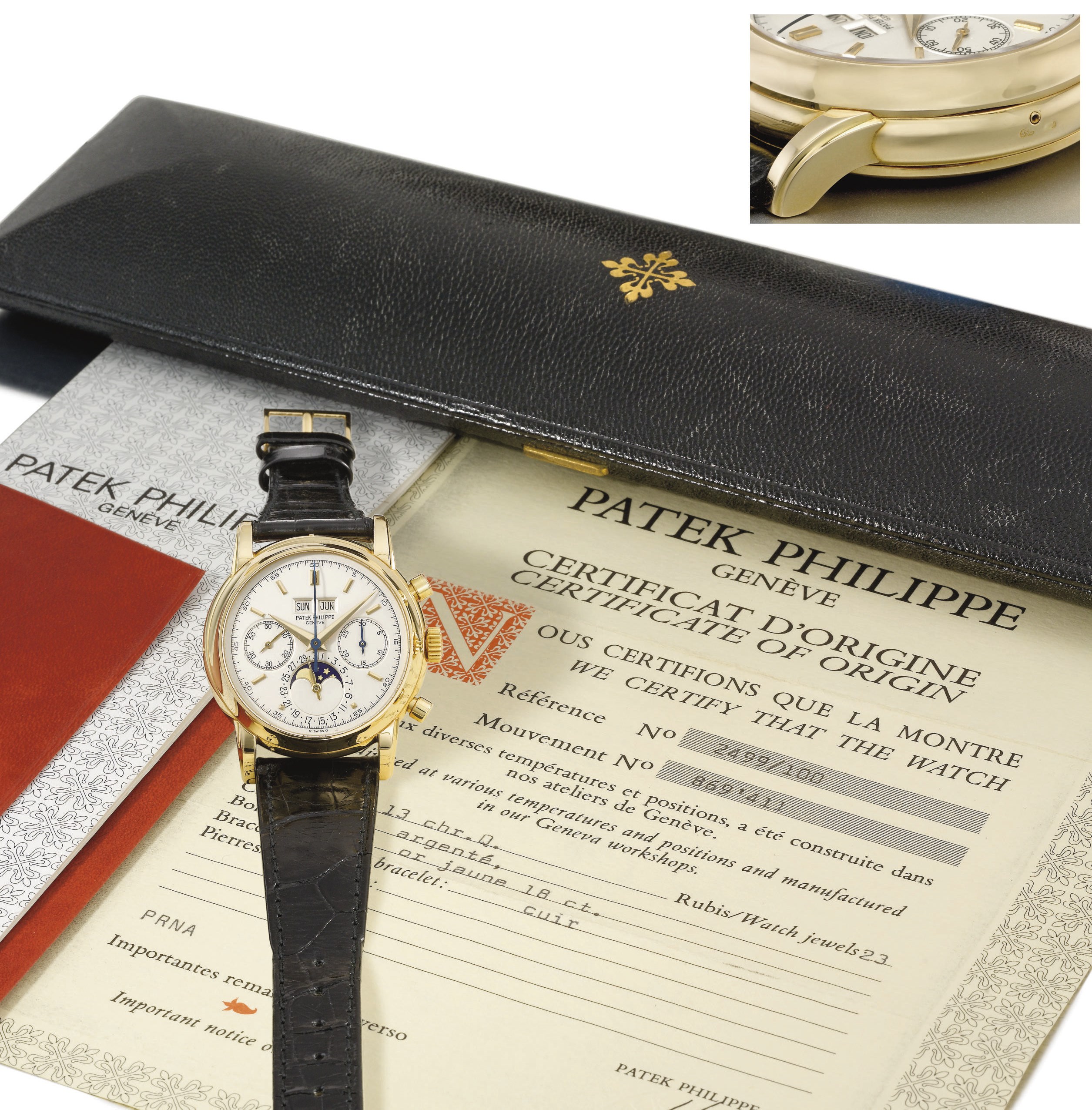 Patek Philippe. A very fine and rare 18K gold perpetual calendar chronograph wristwatch with moon phases and original certificate