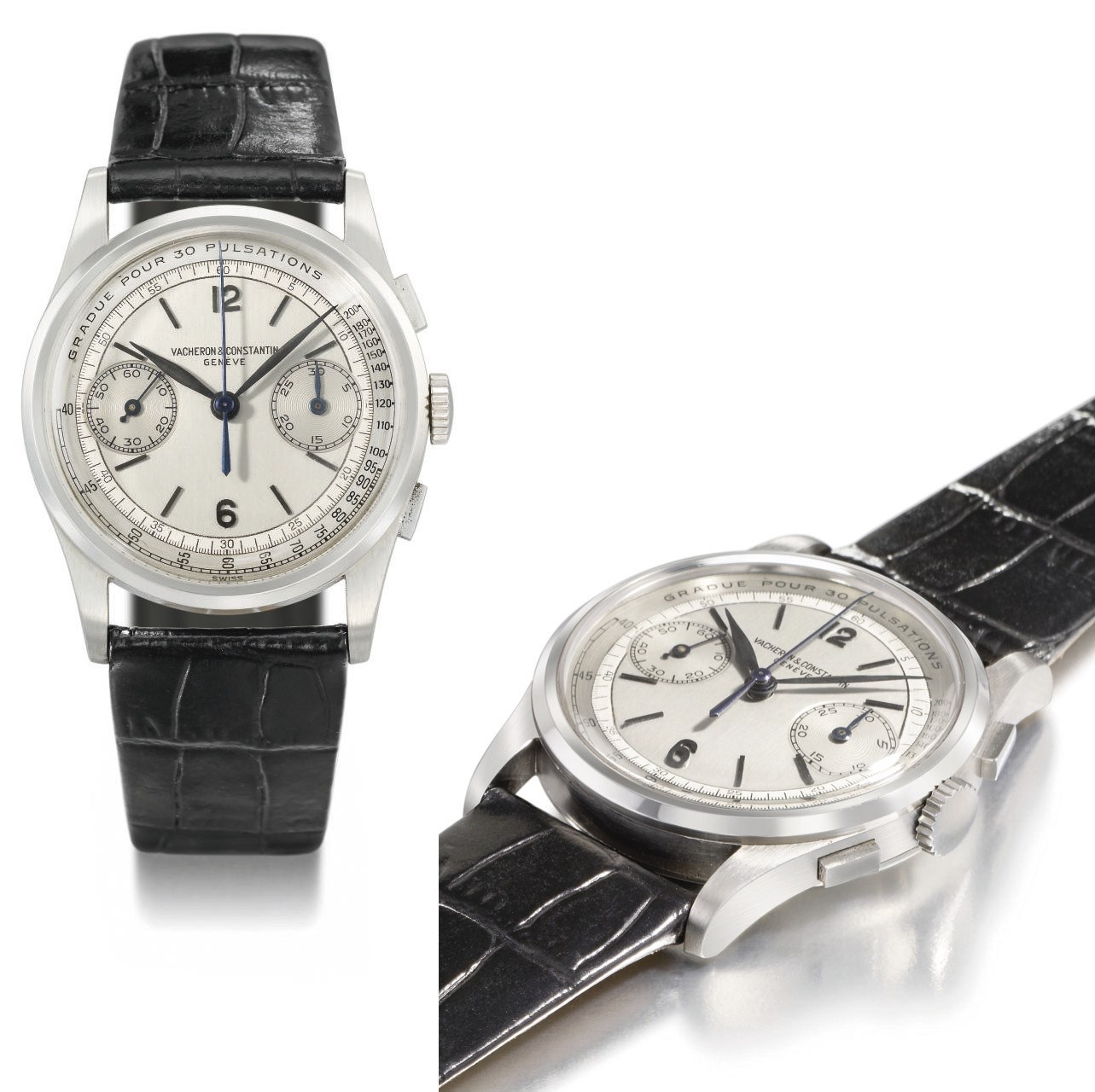 Vacheron Constantin. An extremely fine, rare and attractive stainless steel chronograph wristwatch with three-tone silvered dial and pulsometre