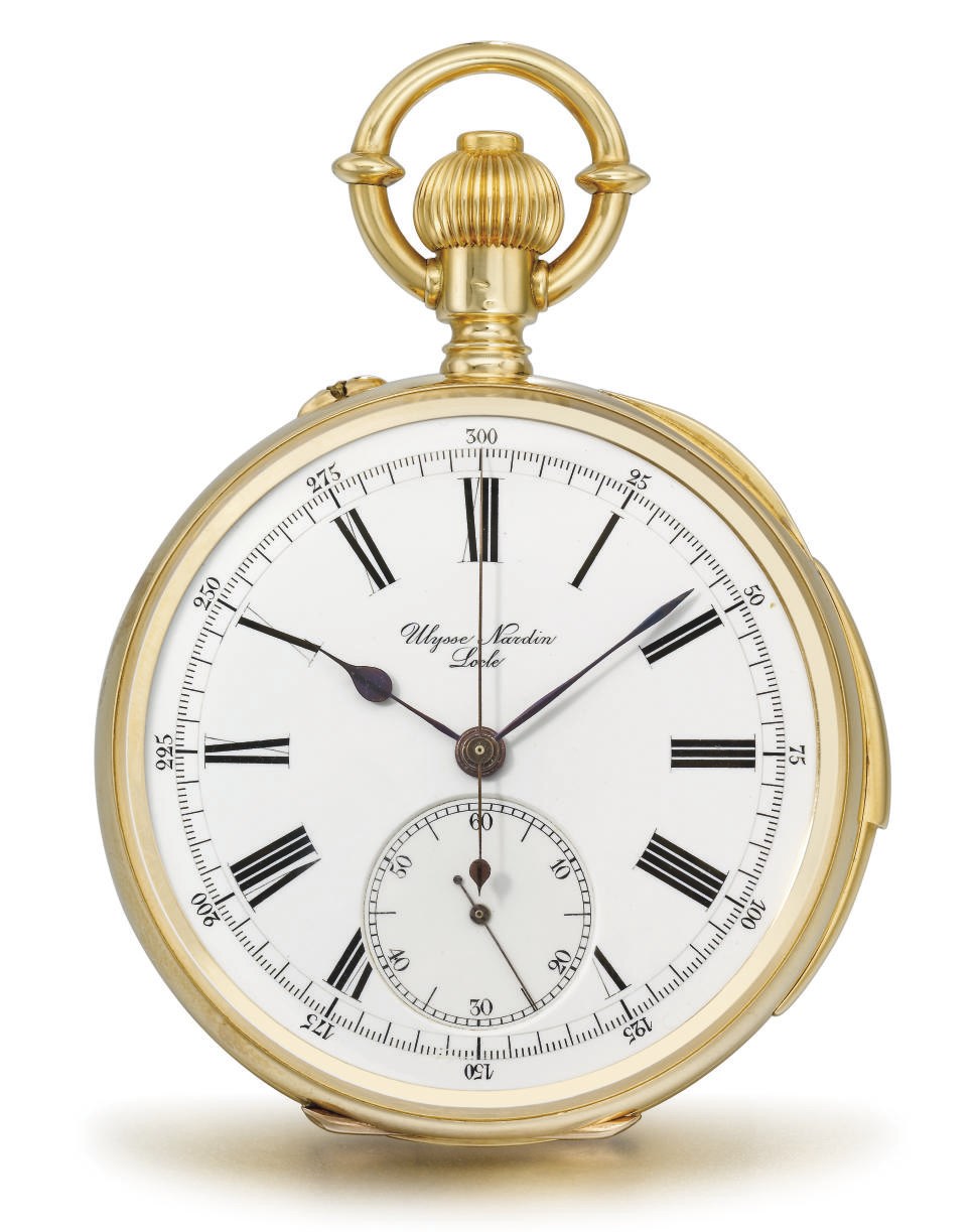Ulysse Nardin. An 18K gold openface minute repeating chronograph keyless lever watch