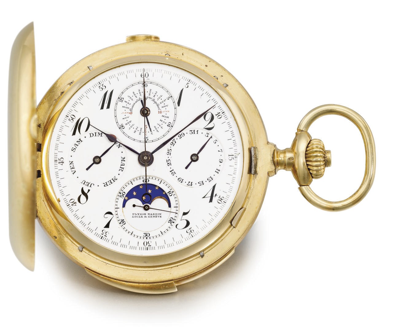 Ulysse Nardin. A fine and rare 18K gold hunter case minute repeating perpetual calendar chronograph keyless lever watch with moon phases