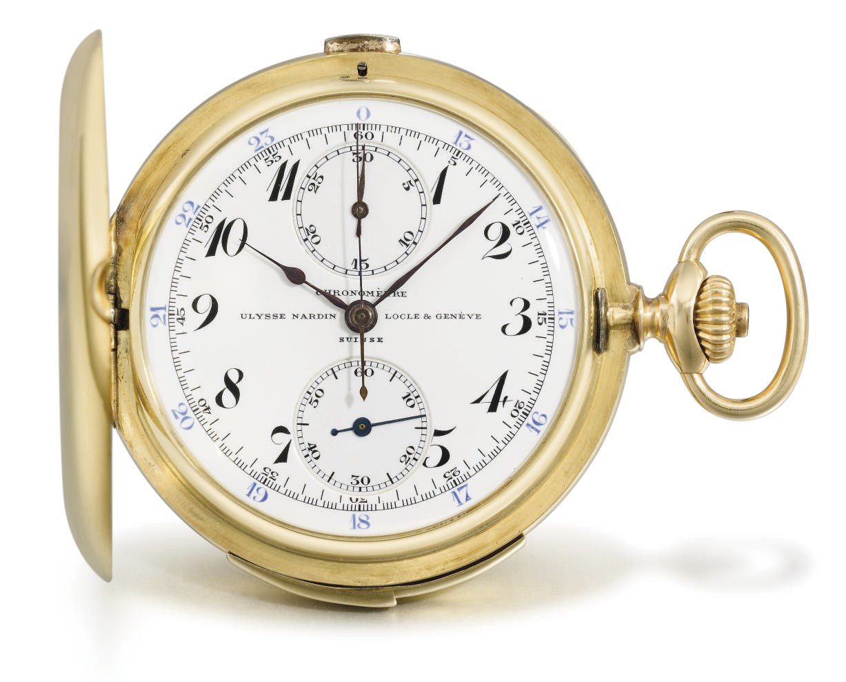 Ulysse Nardin. An 18K gold hunter case minute repeating chronograph keyless lever watch