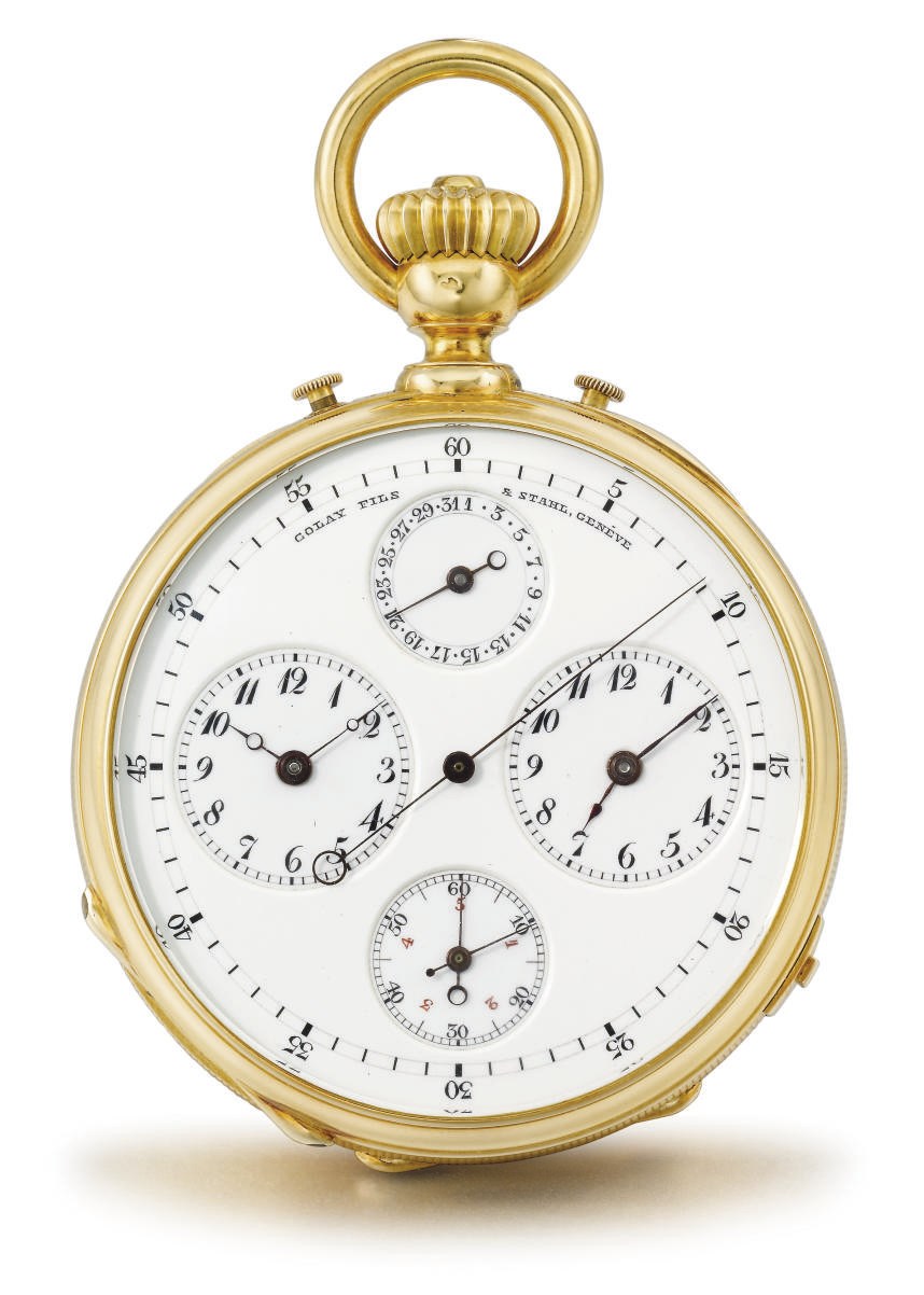 Golay Fils & Stahl. A fine and rare 18K gold openface two train dual time independent seconds keyless lever stop watch with date and flying fifths of a second