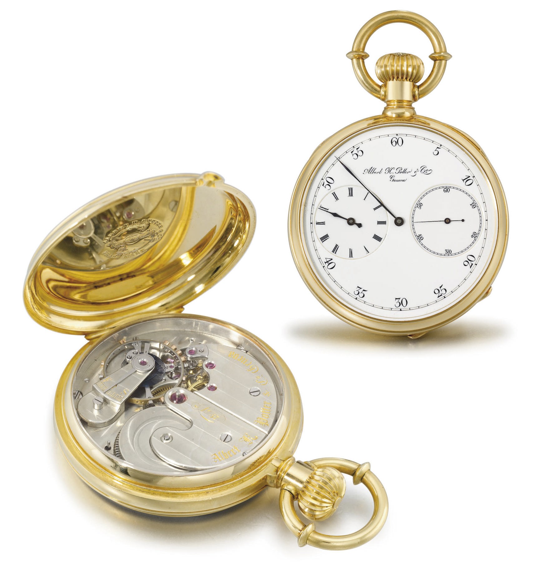 Albert Potter. A very fine and rare 18K gold openface keyless lever watch with regulator dial