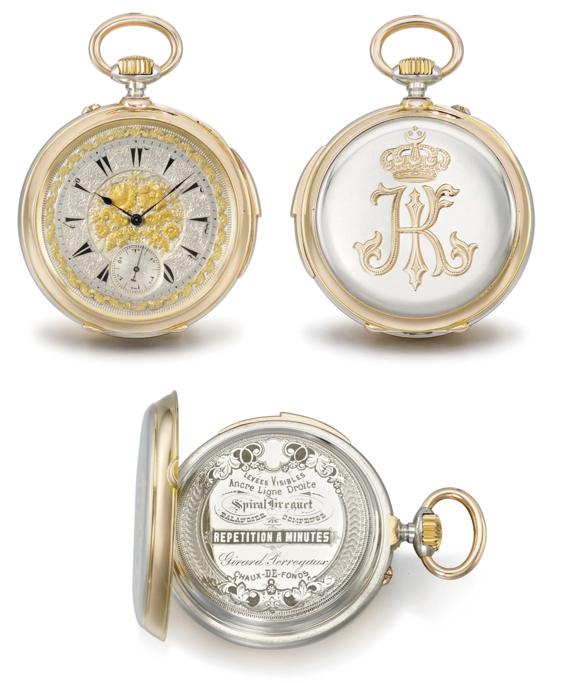 Girard-Perregaux. An extremely fine and possibly unique 18K pink gold pink and platinum openface minute repeating keyless lever watch, made for HH Ismail Pasha, Khedive of Egypt and Sudan