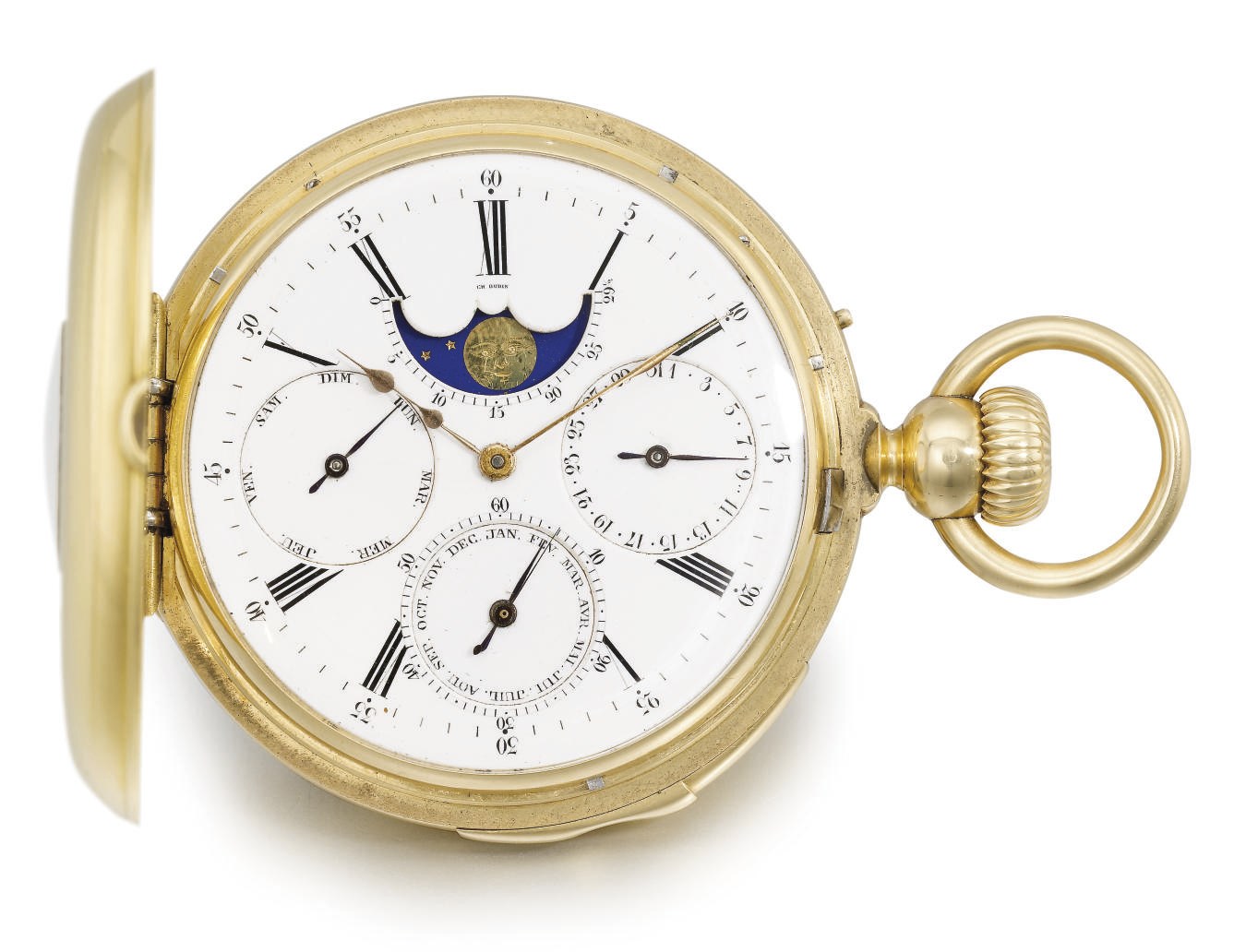 Louis Audemars, made for Charles Oudin. A fine, rare and early 18K gold half hunter case minute repeating perpetual calendar keyless lever watch with moon phases