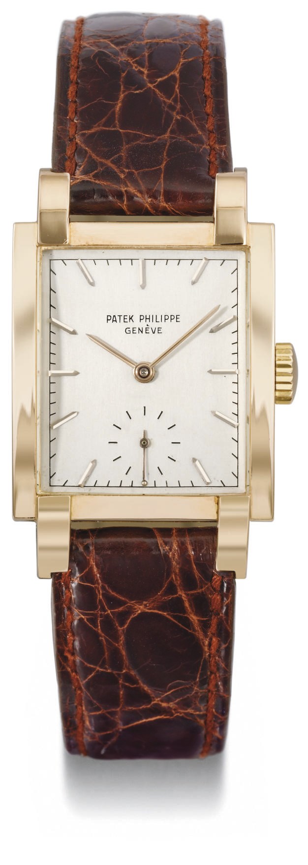 Patek Philippe. A fine and rare 18K pink gold rectangular curved wristwatch