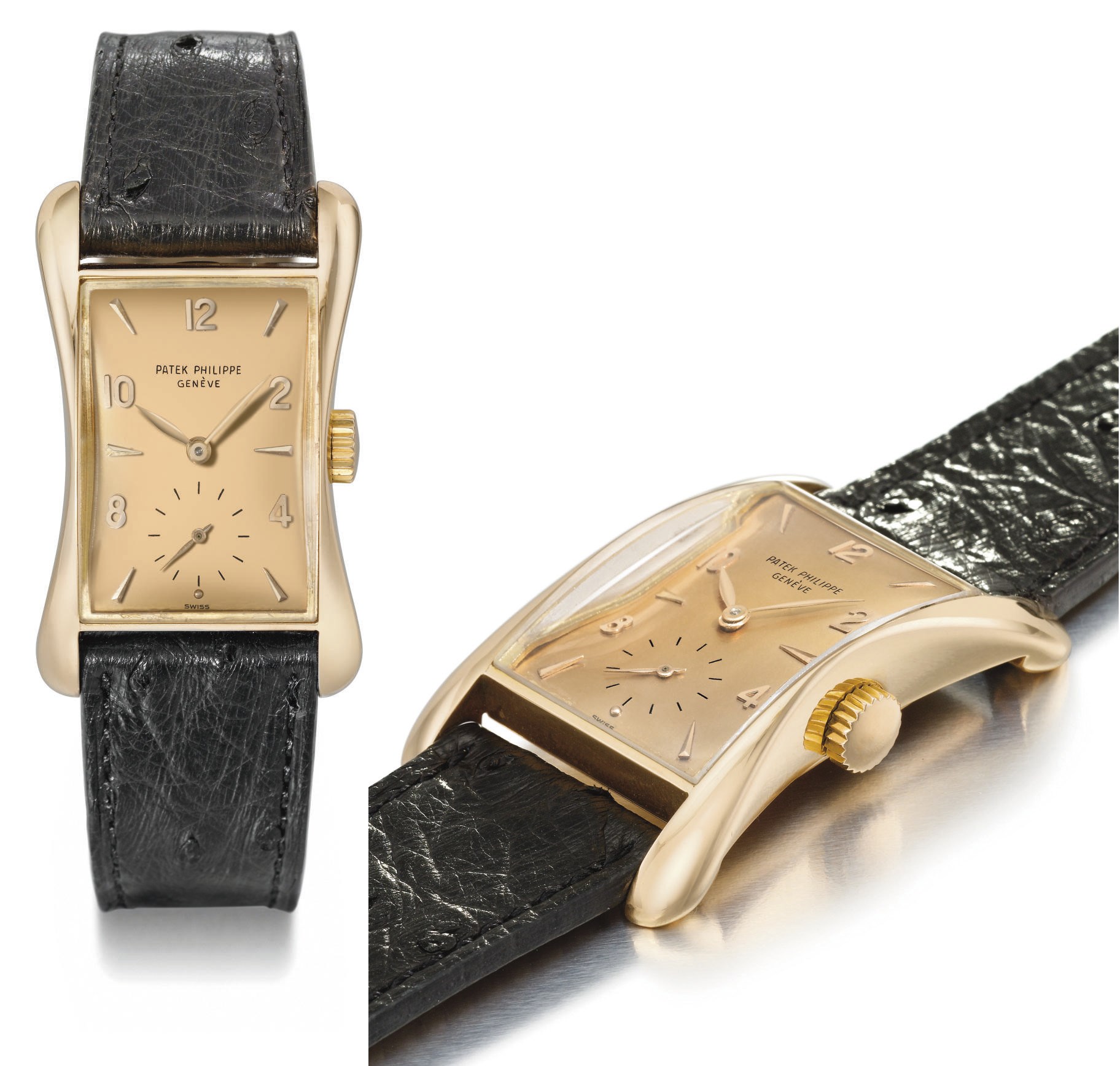 Patek Philippe. A very fine and rare 18K pink gold rectangular wristwatch with flared sides and pink dial