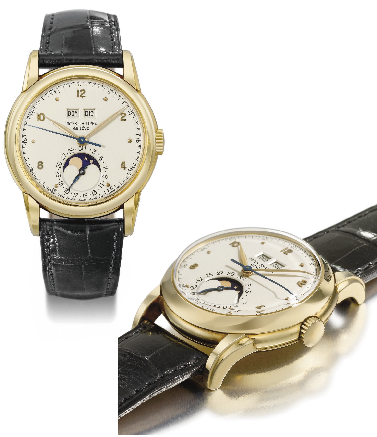 Patek Philippe. A very fine and rare 18K gold perpetual calendar wristwatch with sweep centre seconds and moon phase
