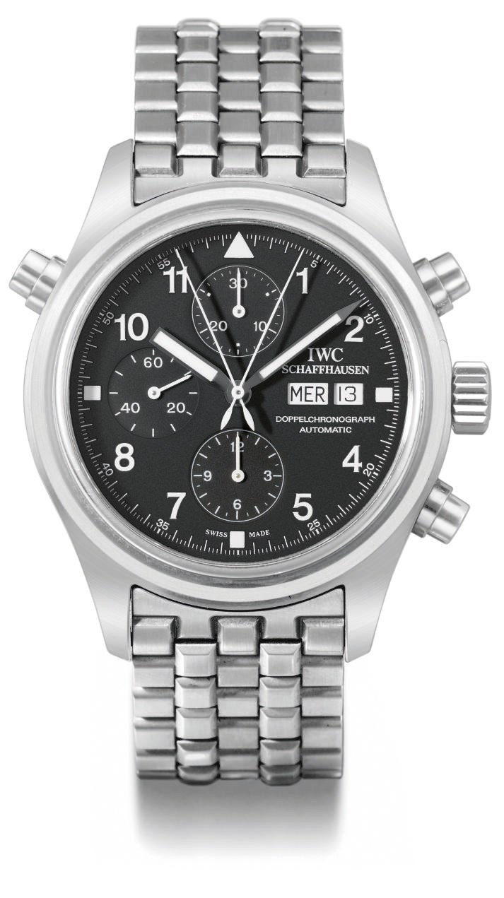 IWC. A stainless steel automatic split seconds pilot's chronograph wristwatch with day, date and bracelet