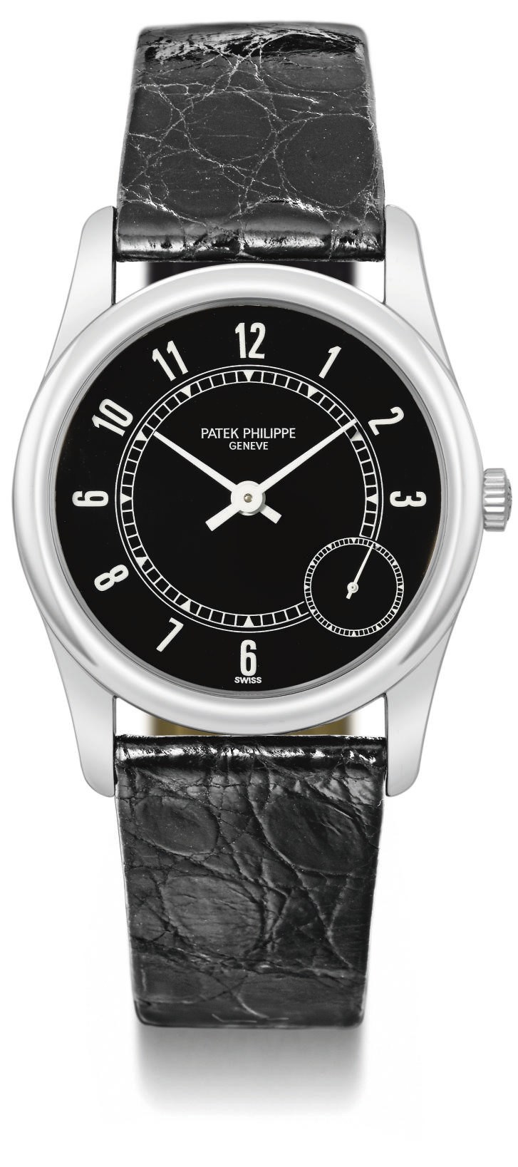Patek Philippe. A fine 18K white gold limited series automatic wristwatch with black dial and eccentric subsidiary seconds