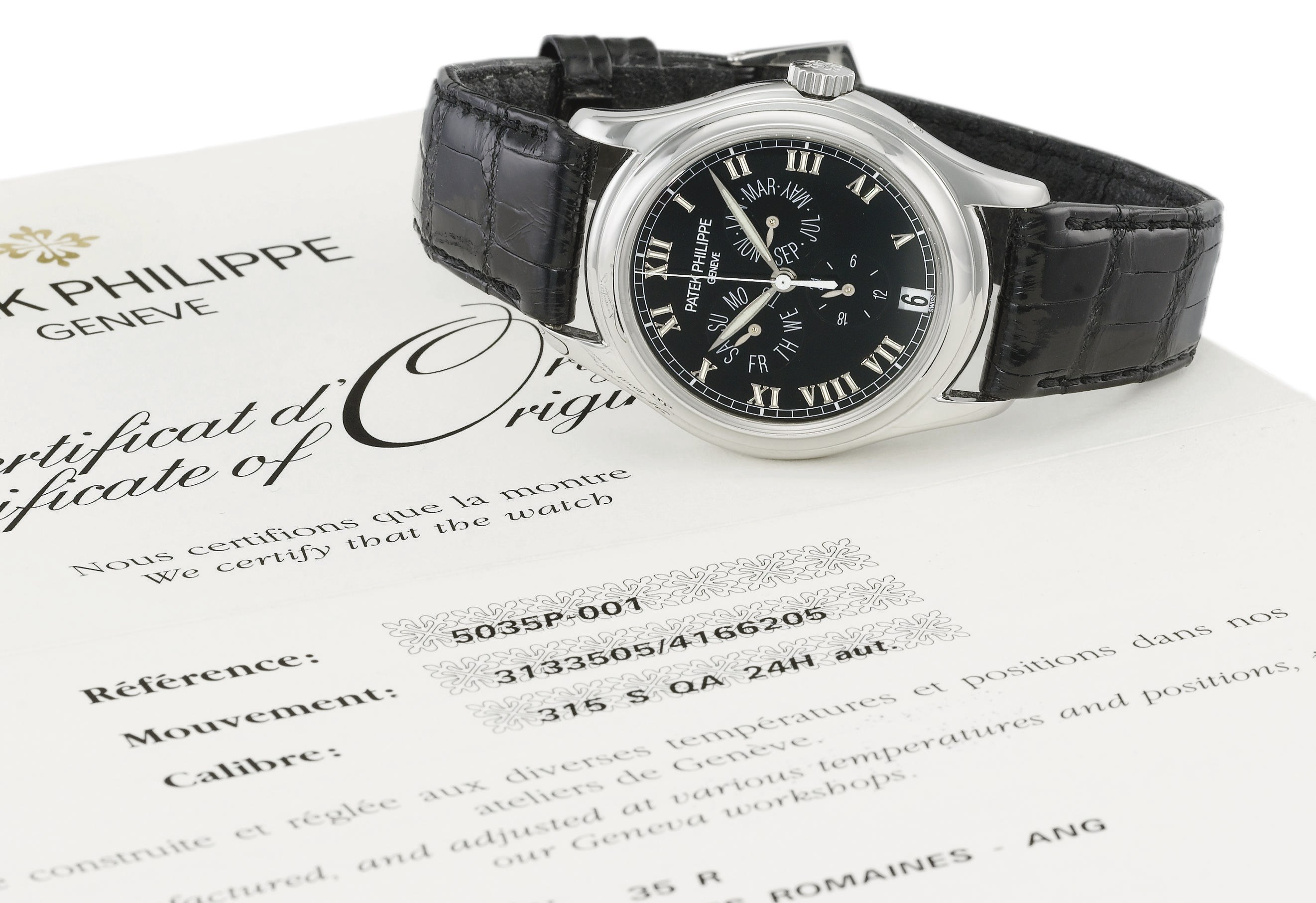 Patek Philippe. A fine and rare platinum automatic annual calendar wristwatch with sweep centre seconds
