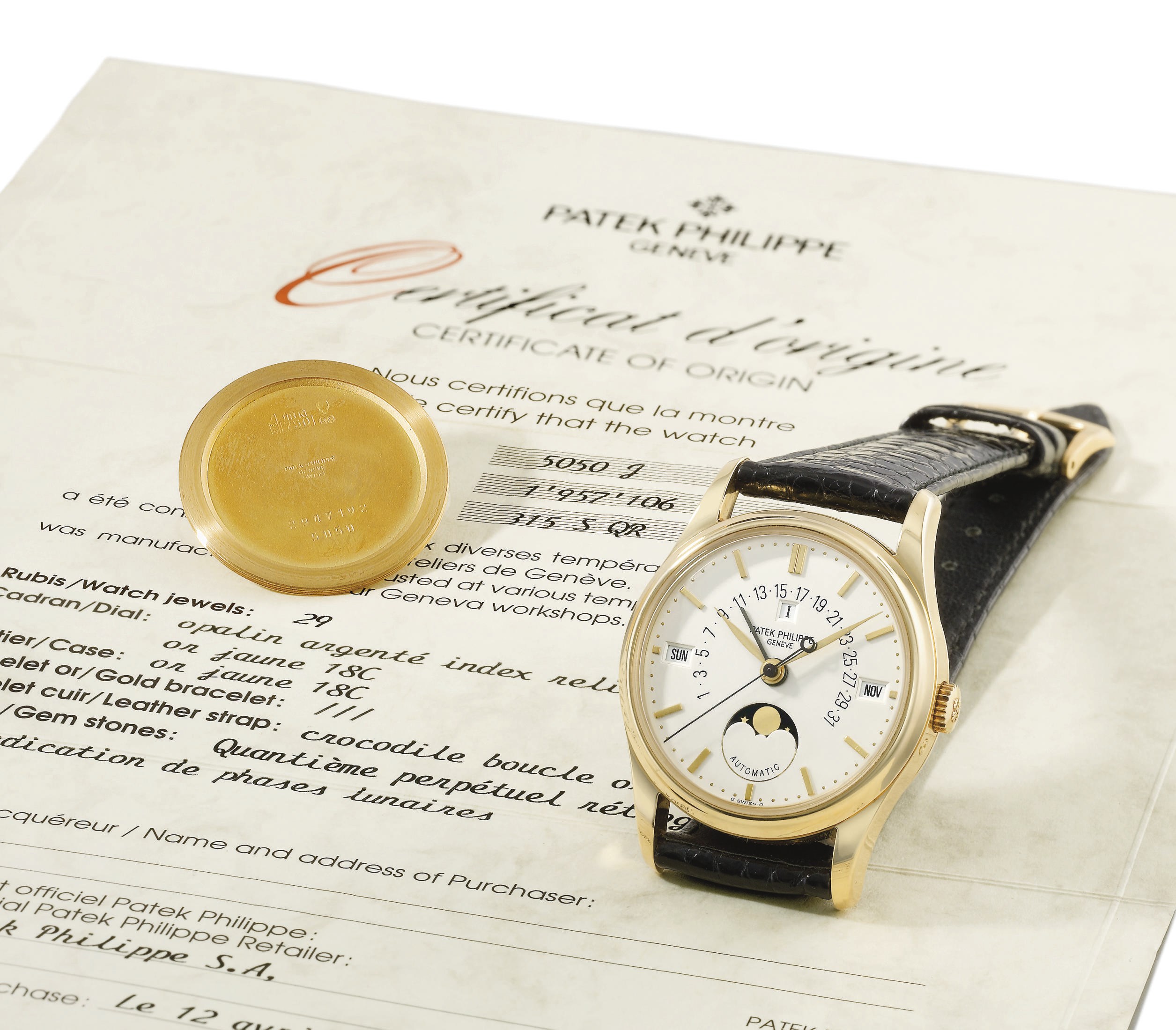 Patek Philippe. A fine 18K gold automatic perpetual calendar wristwatch with sweep centre seconds, retrograde date, leap year indicator, moon phases and original certificate