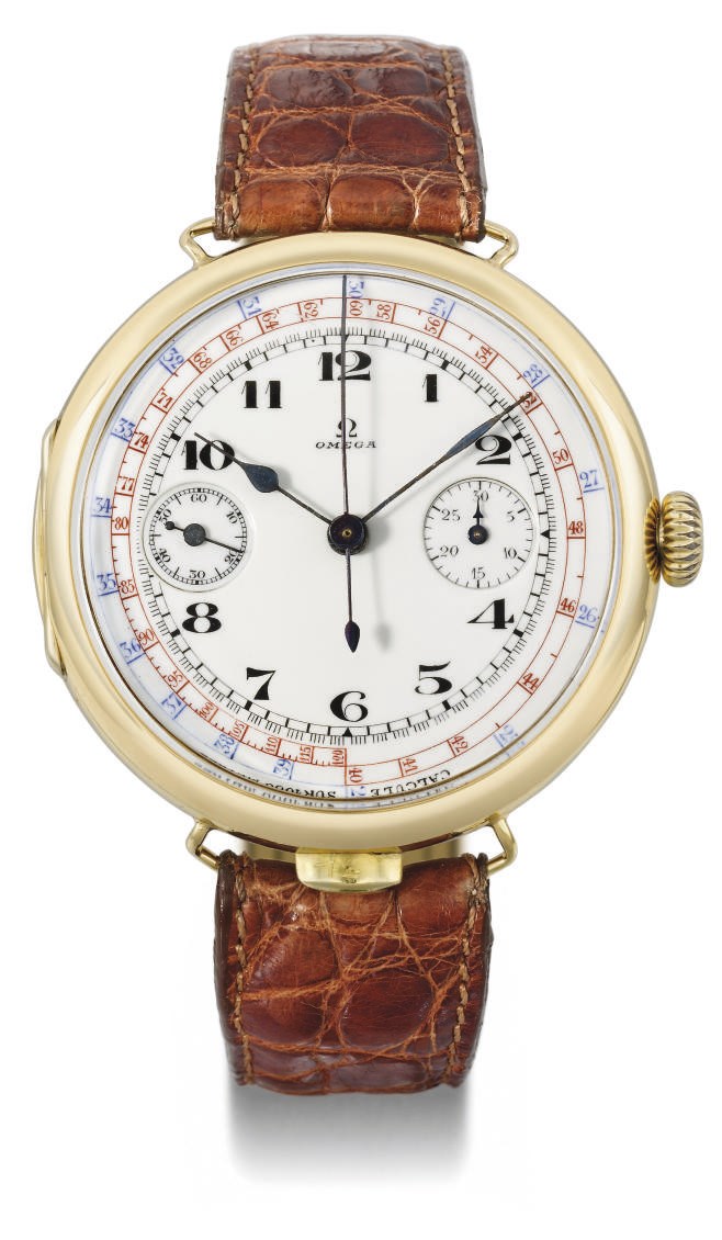 Omega. A fine, rare and large 18K gold hinged single button chronograph wristwatch with enamel dial