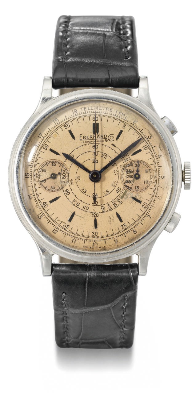Eberhard. A fine and large stainless steel chronograph wristwatch with pink dial