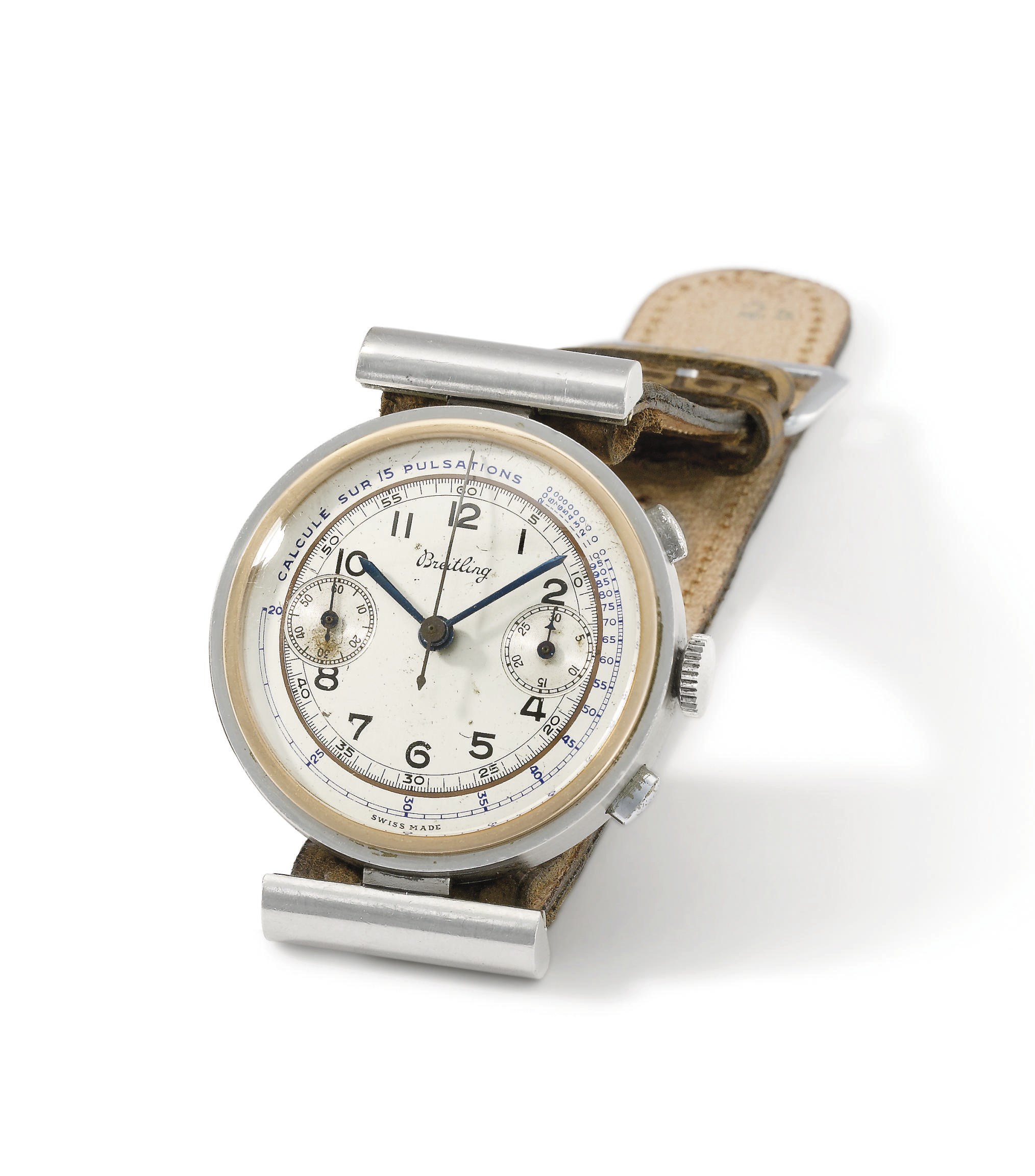 Breitling. A large and unusual stainless steel and pink gold chronograph wristwatch with two-tone silvered dial, hooded lugs and pulsometre