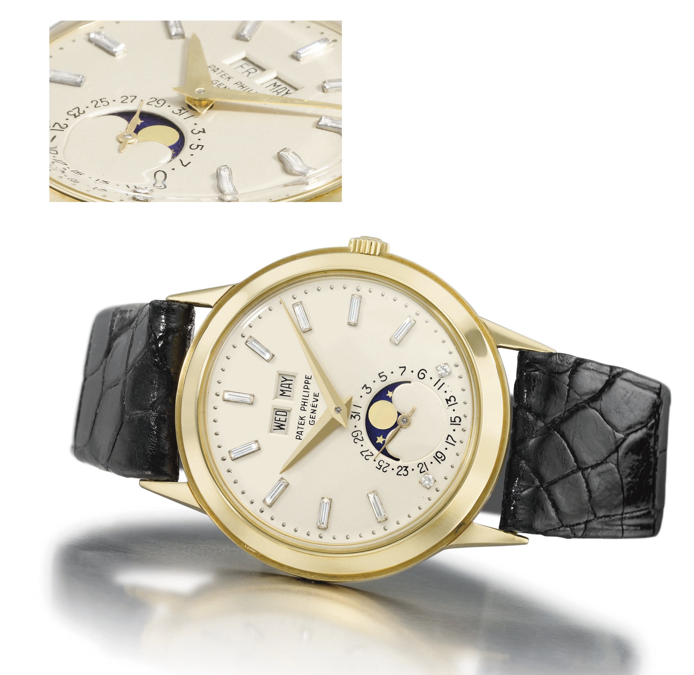 Patek Philippe. An extremely fine and possibly unique 18K gold and diamond-set automatic perpetual calendar wristwatch with moon phase