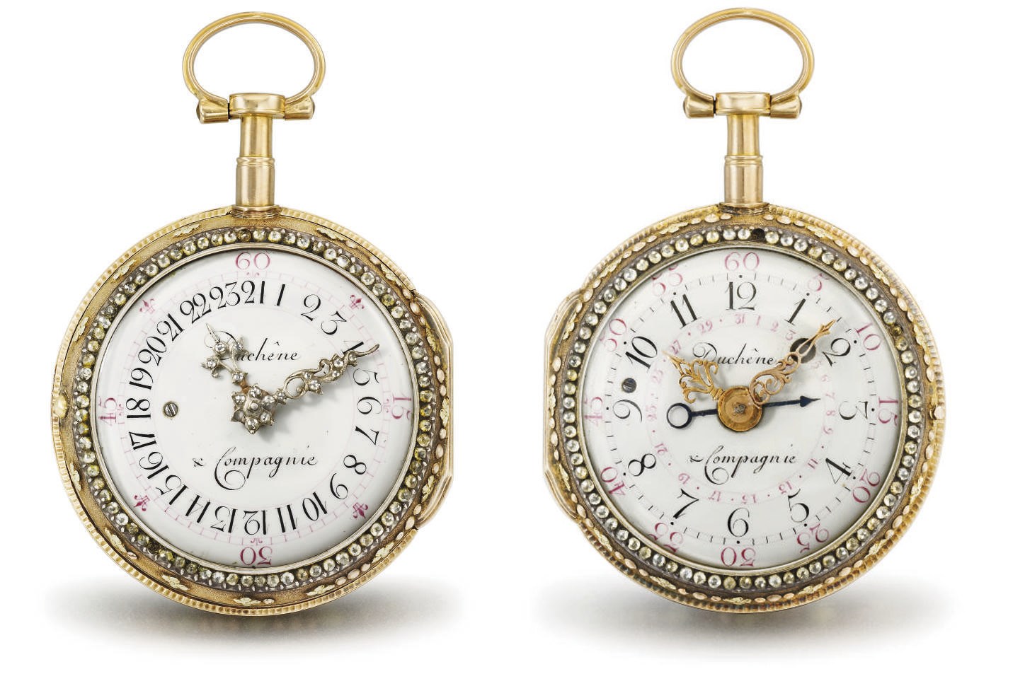 Duchene. A fine and rare 18K gold, enamel and paste-set double dial verge watch with 24 hour indication and date