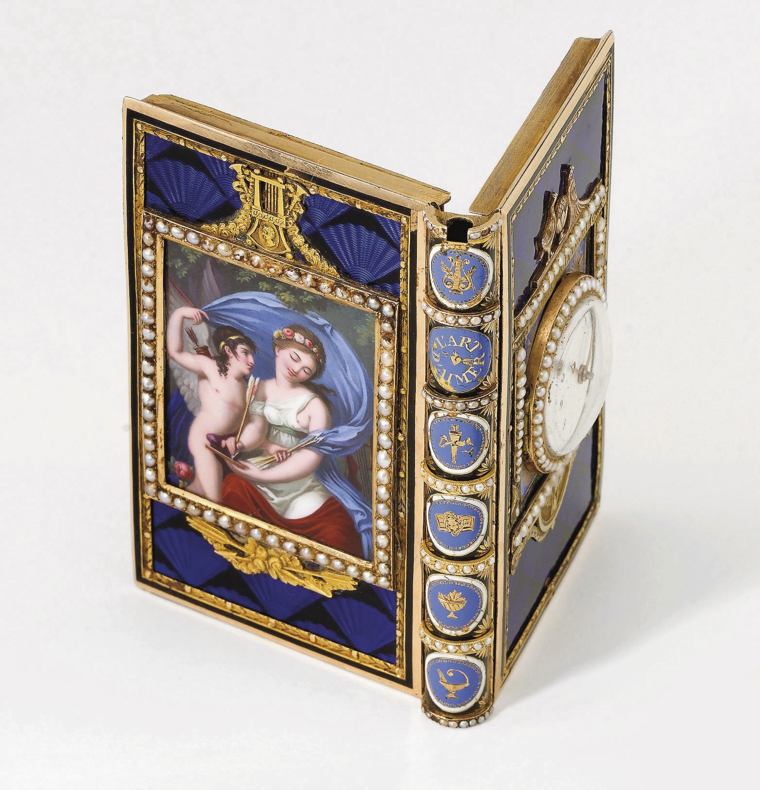 Swiss. A fine and rare 18K gold, enamel and pearl-set book-form box with watch and enamel miniature