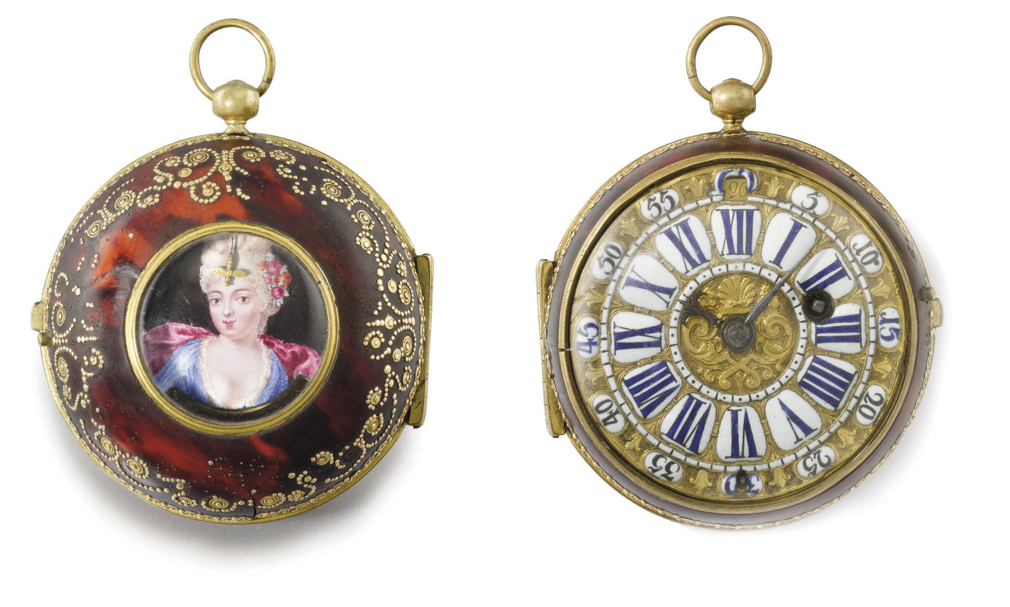 Dentand. A fine, rare and early gilt brass and enamel openface oignon verge watch with date and mock pendulum
