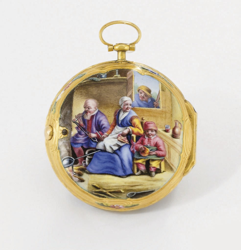 Romilly. An 18K gold and enamel openface verge watch