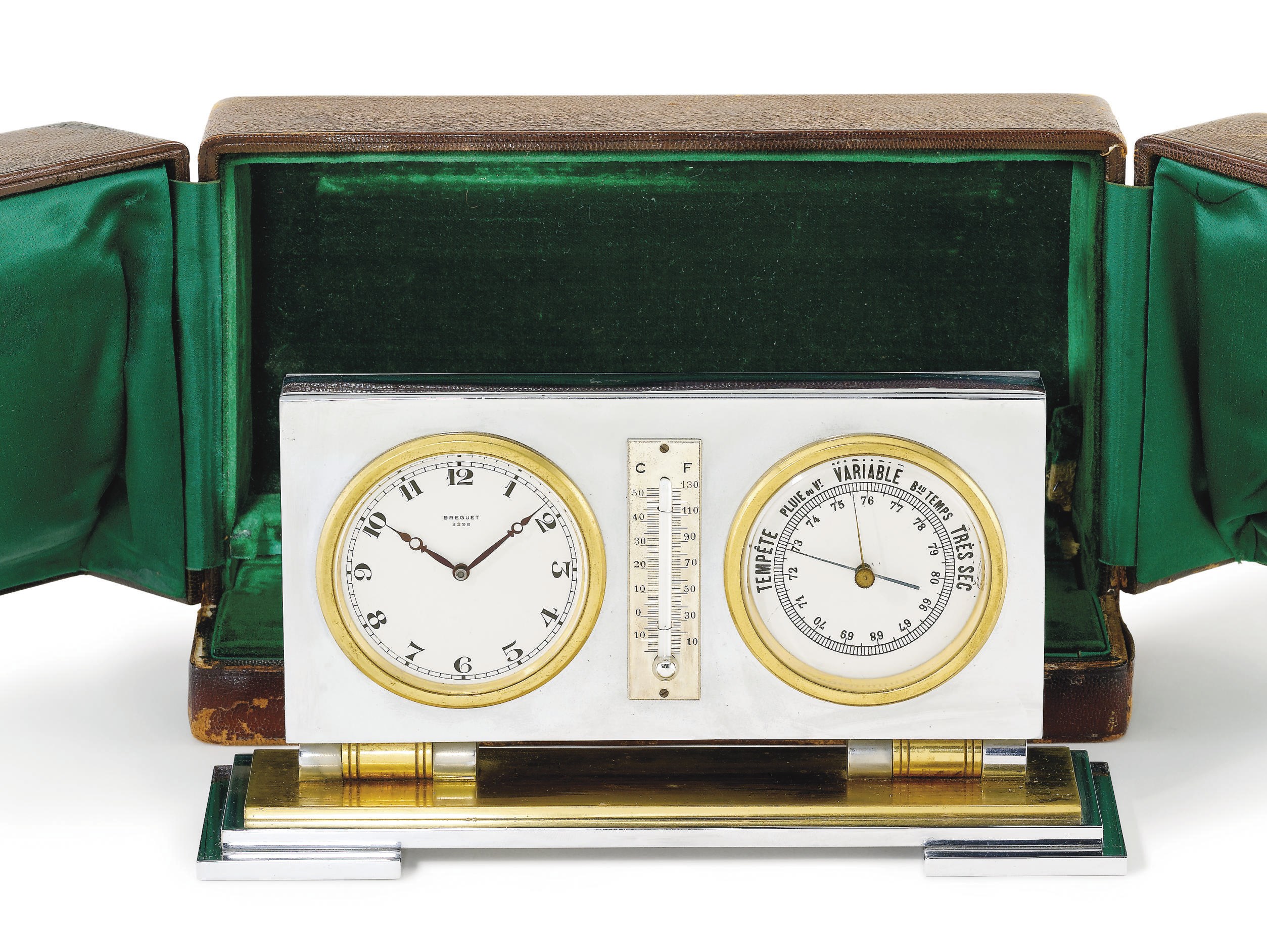 Breguet. A fine, rare and unusual chromed and gilt brass desk timepiece with thermometer, barometer and original box