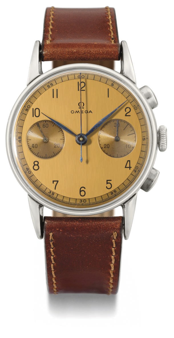 Omega. An unusual and attractive stainless steel chronograph wristwatch with copper-coloured dial