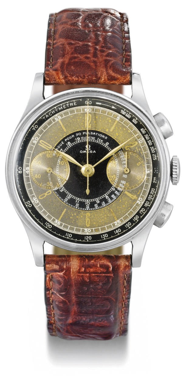 Omega. A fine and attractive stainless steel chronograph wristwatch with black and bronze-coloured dial, tachymetre, telemetre and pulsometre scales
