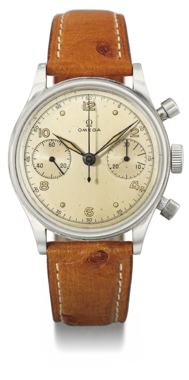 Omega. A large stainless steel chronograph wristwatch