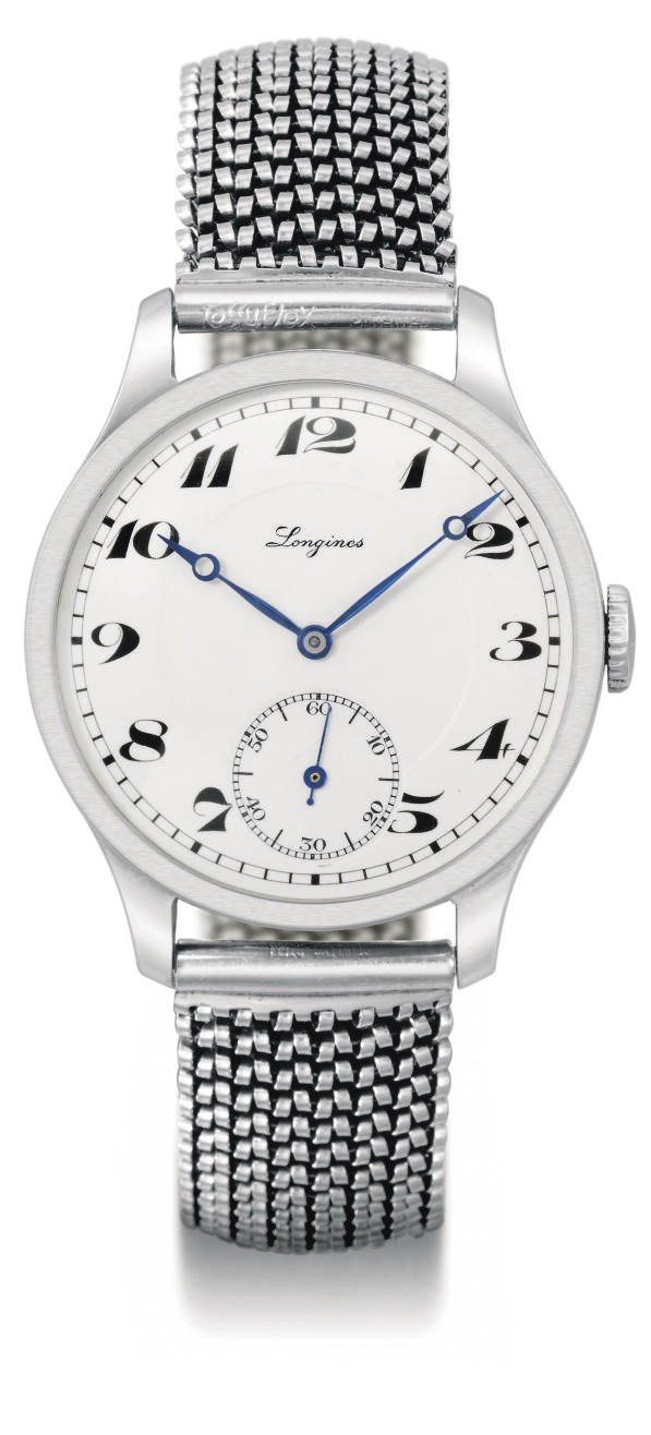 Longines. A large and unusual stainless steel wristwatch with enamel dial
