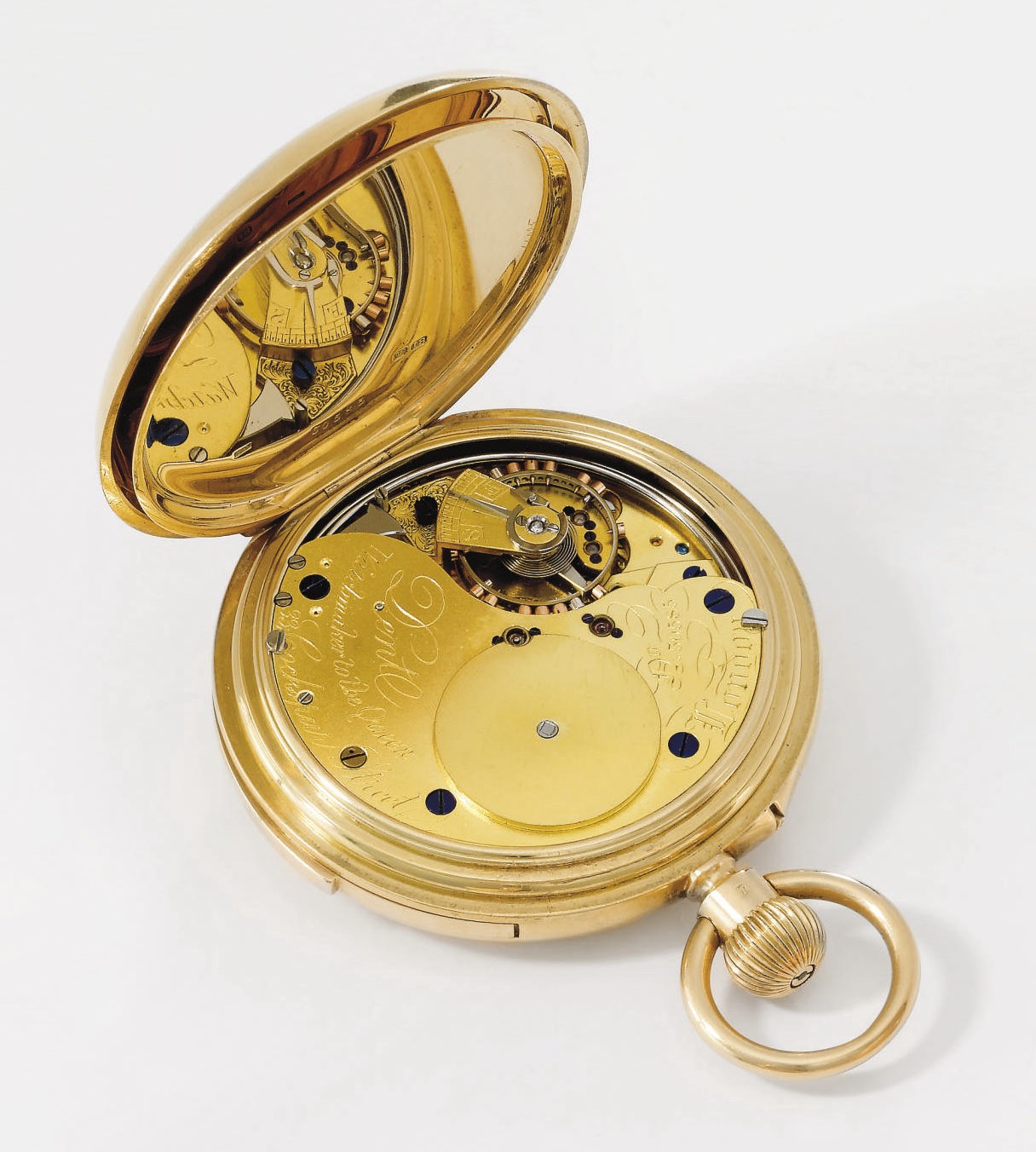 Dent. A fine 18K gold hunter case quarter repeating keyless lever watch