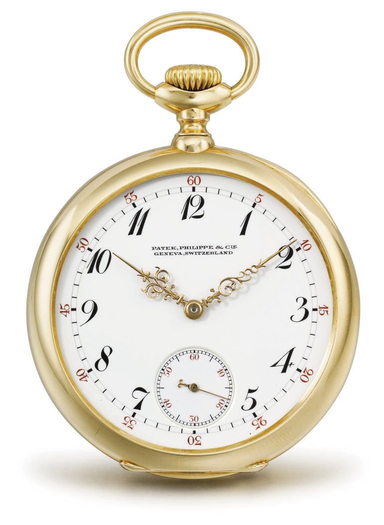 Patek Philippe. A fine and rare 18K gold openface keyless lever watch with Guillaume balance