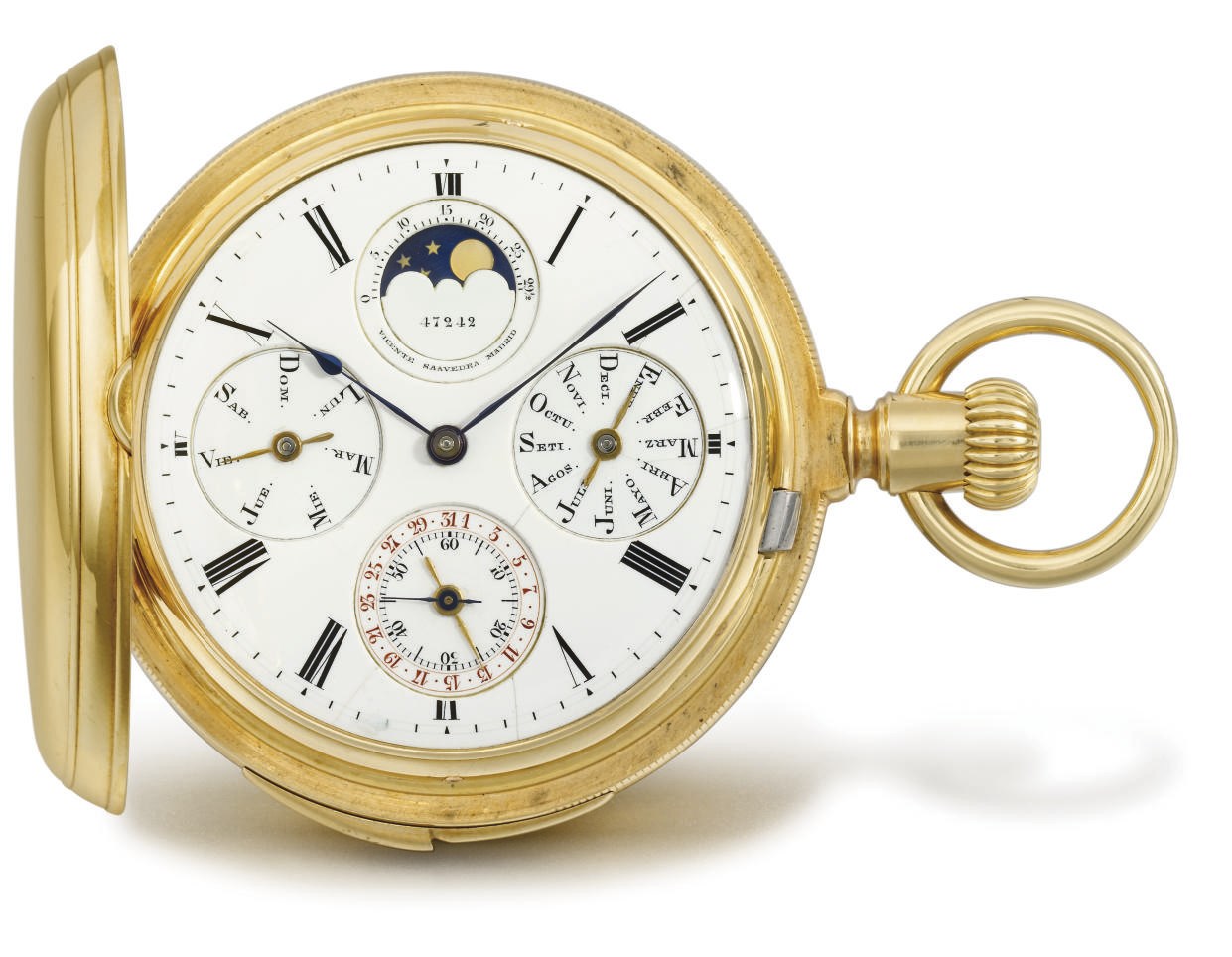 Patek Philippe. A fine and early 18K gold hunter case five minute repeating perpetual calendar keyless lever watch with moon phase