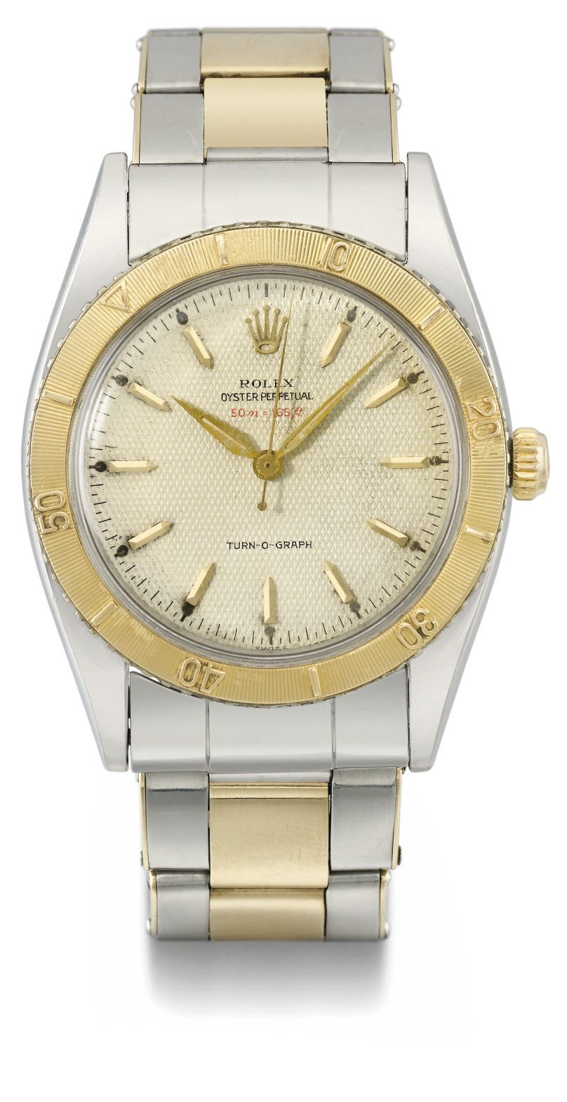 Rolex. An unusual stainless steel and gold automatic wristwatch with sweep centre seconds, white honeycomb dial and bracelet