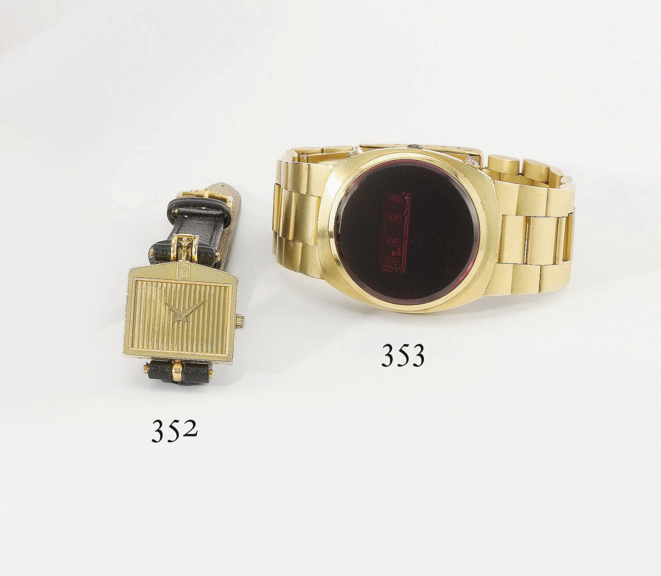 Swiss. An unusual and early 18K gold tonneau-shaped digital wristwatch with bracelet