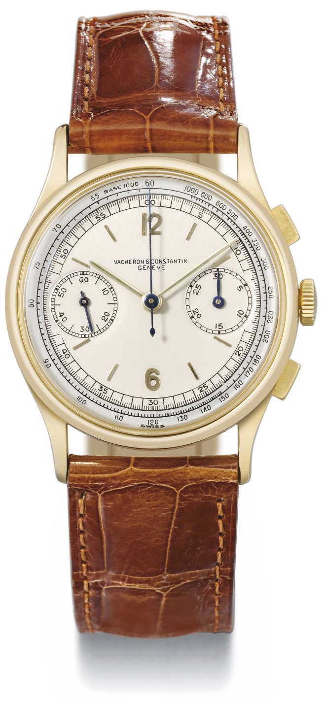Vacheron Constantin. A fine 18K gold chronograph wristwatch with two-tone silvered dial