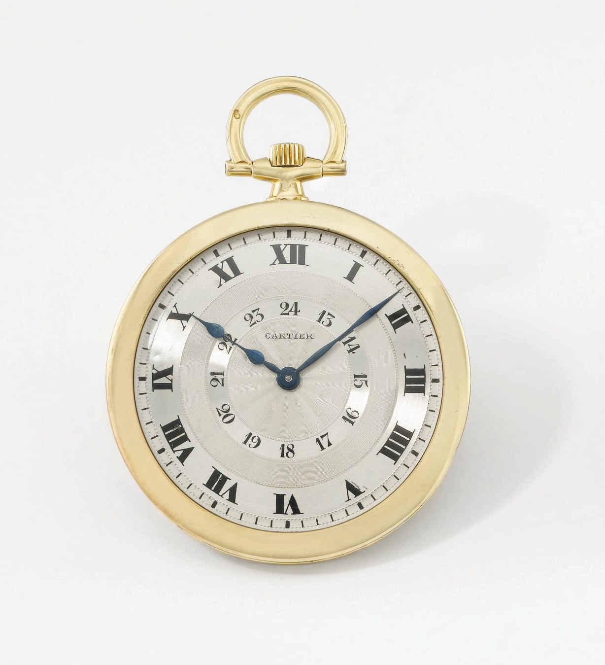 Cartier. A fine and rare 18K gold openface keyless lever watch with two-tone silvered dial and 24 hour display