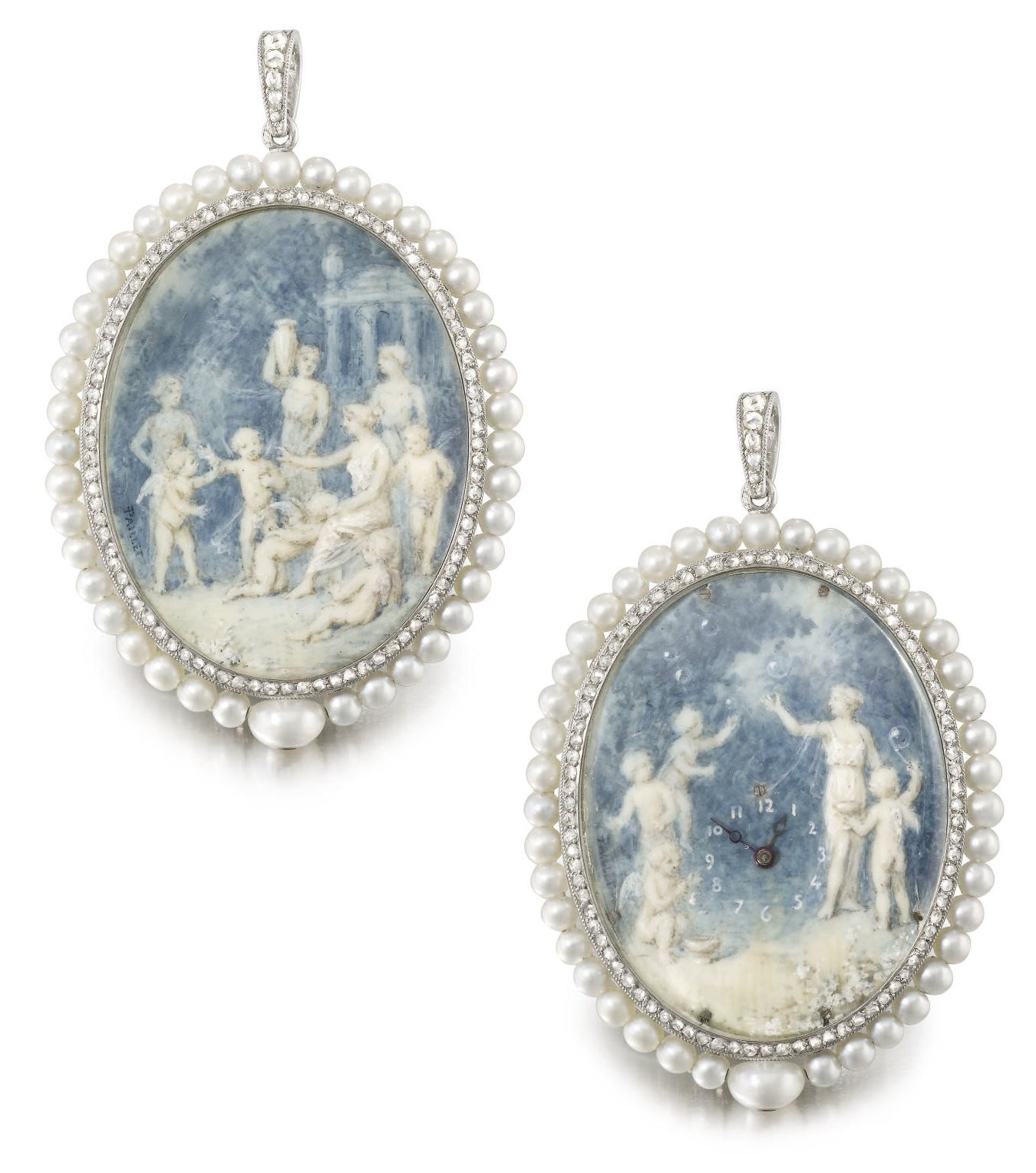 Anon. A fine platinum, diamond and pearl-set oval keyless pendant watch with enamel by Paillet