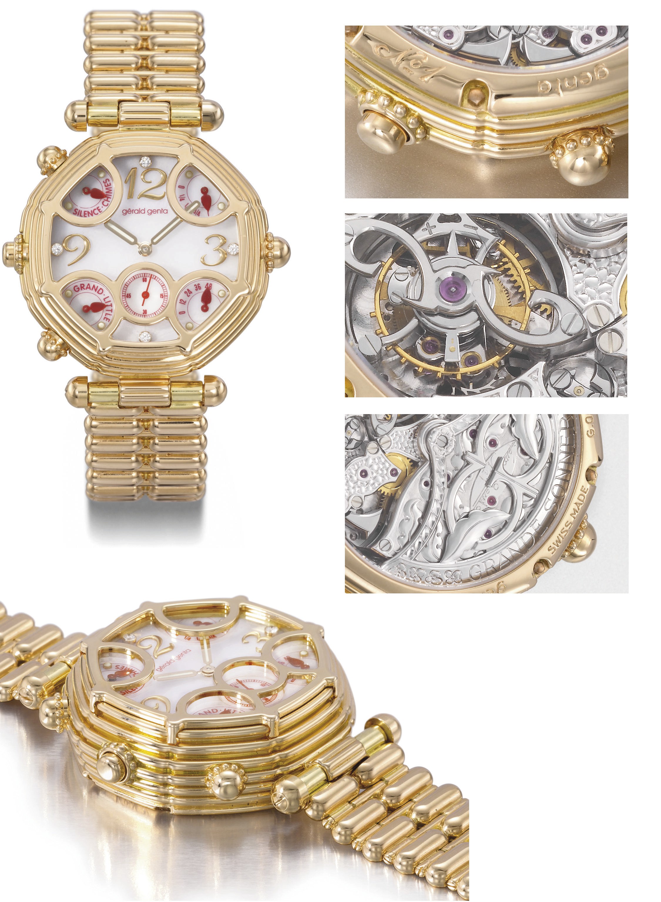 Gerald Genta. An extremely fine and unique 18K pink gold automatic two train minute repeating grande and petite sonnerie tourbillon wristwatch with power reserve, diamond-set mother-of-pearl dial, bracelet and Westminster Chime