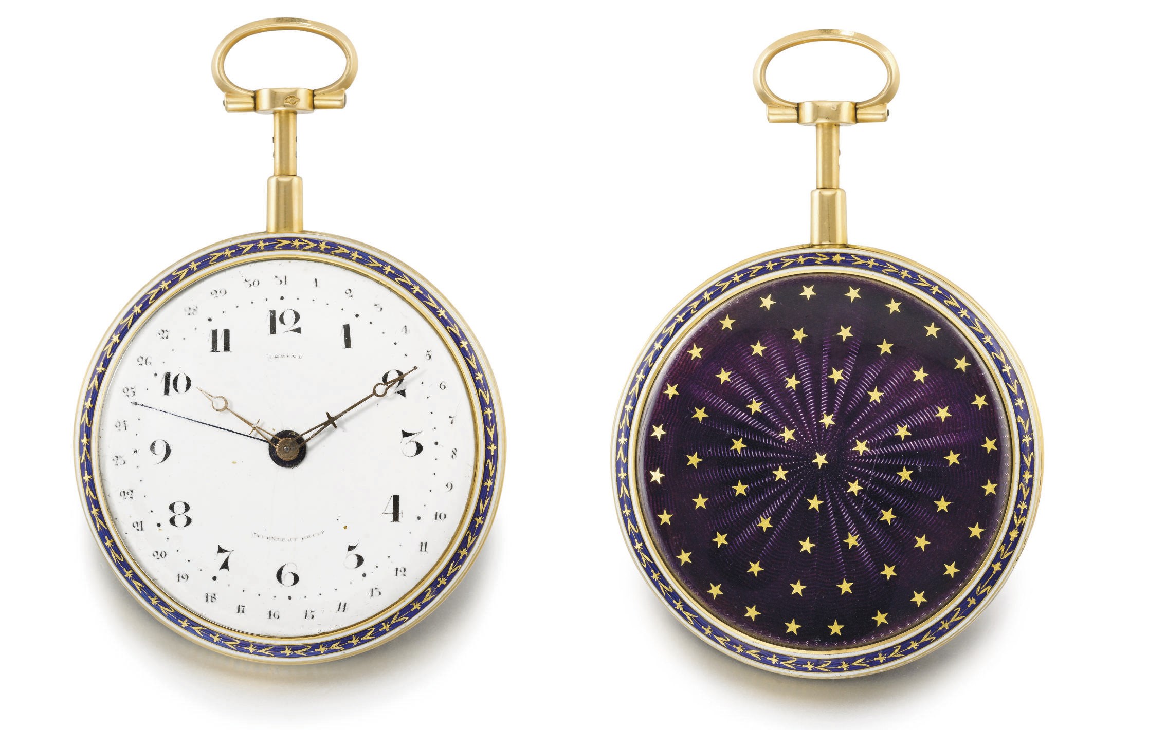 Lepine. A very fine and rare 18K gold and enamel openface à toc quarter repeating watch with date and virgule escapement