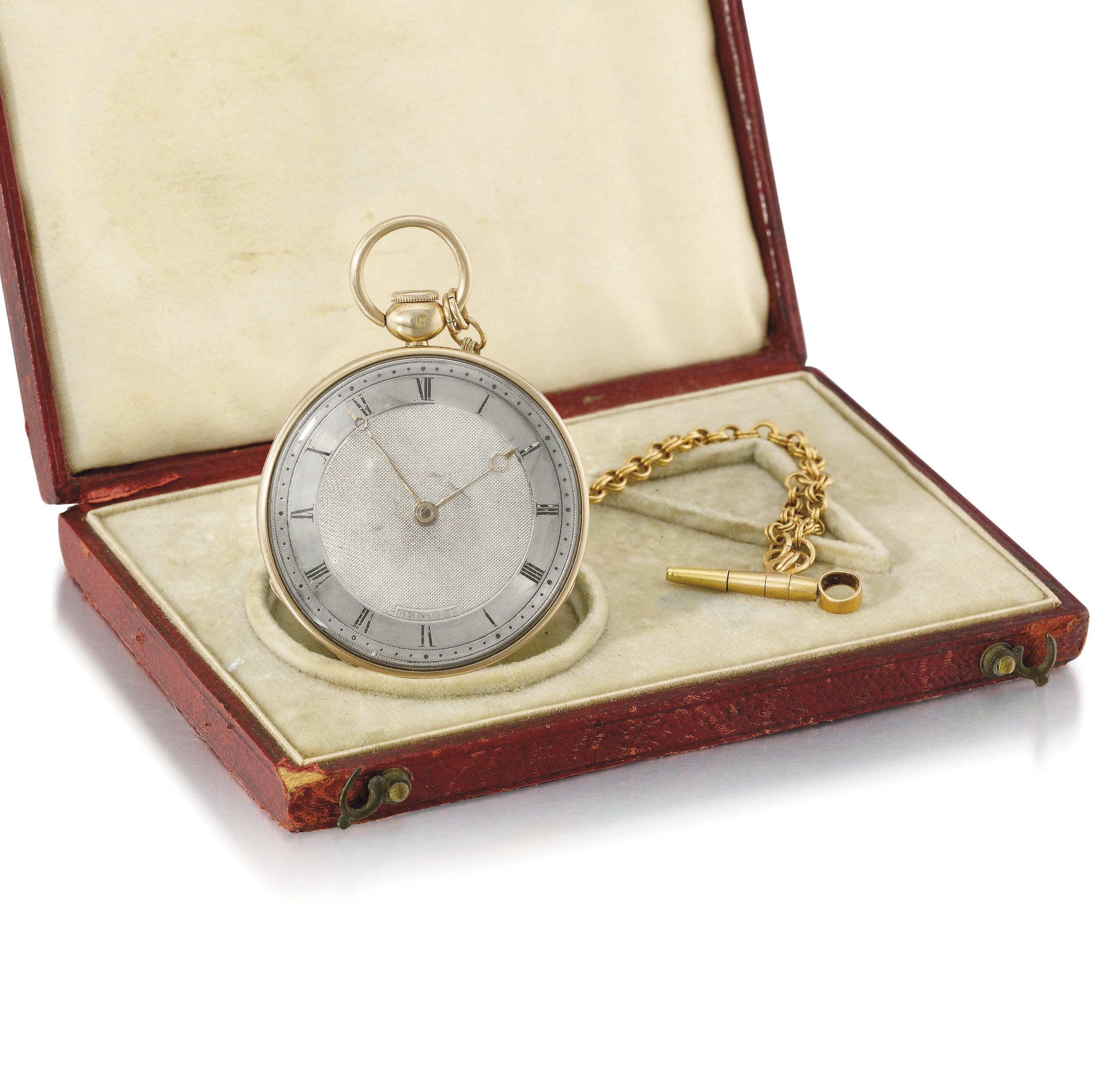 Etablissement Mixte de Breguet. A small 18K gold openface quarter repeating cylinder watch with original box