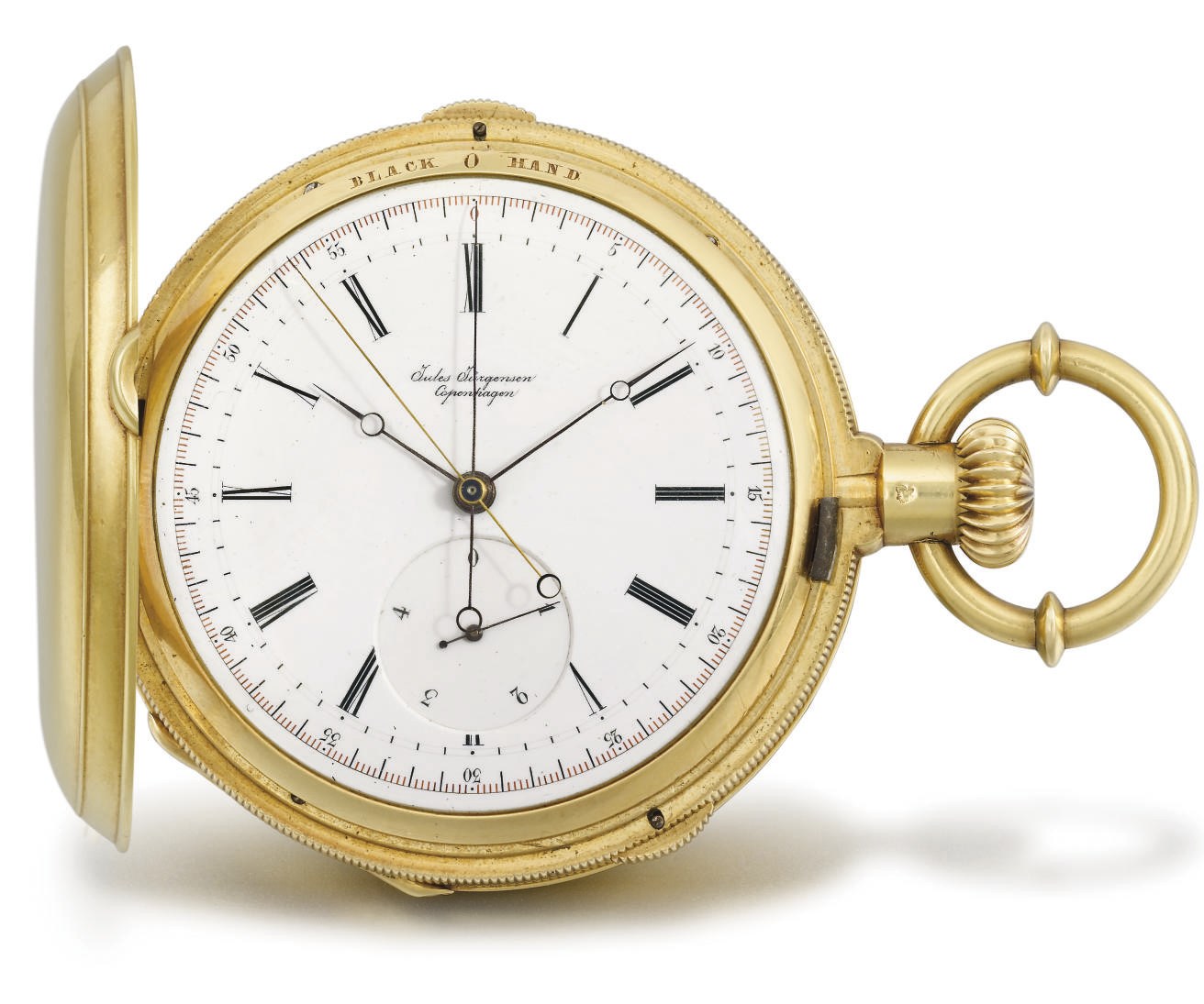 Jules Jürgensen. A rare 18K gold hunter case two train independent split seconds keyless lever watch with flying fifths of a second