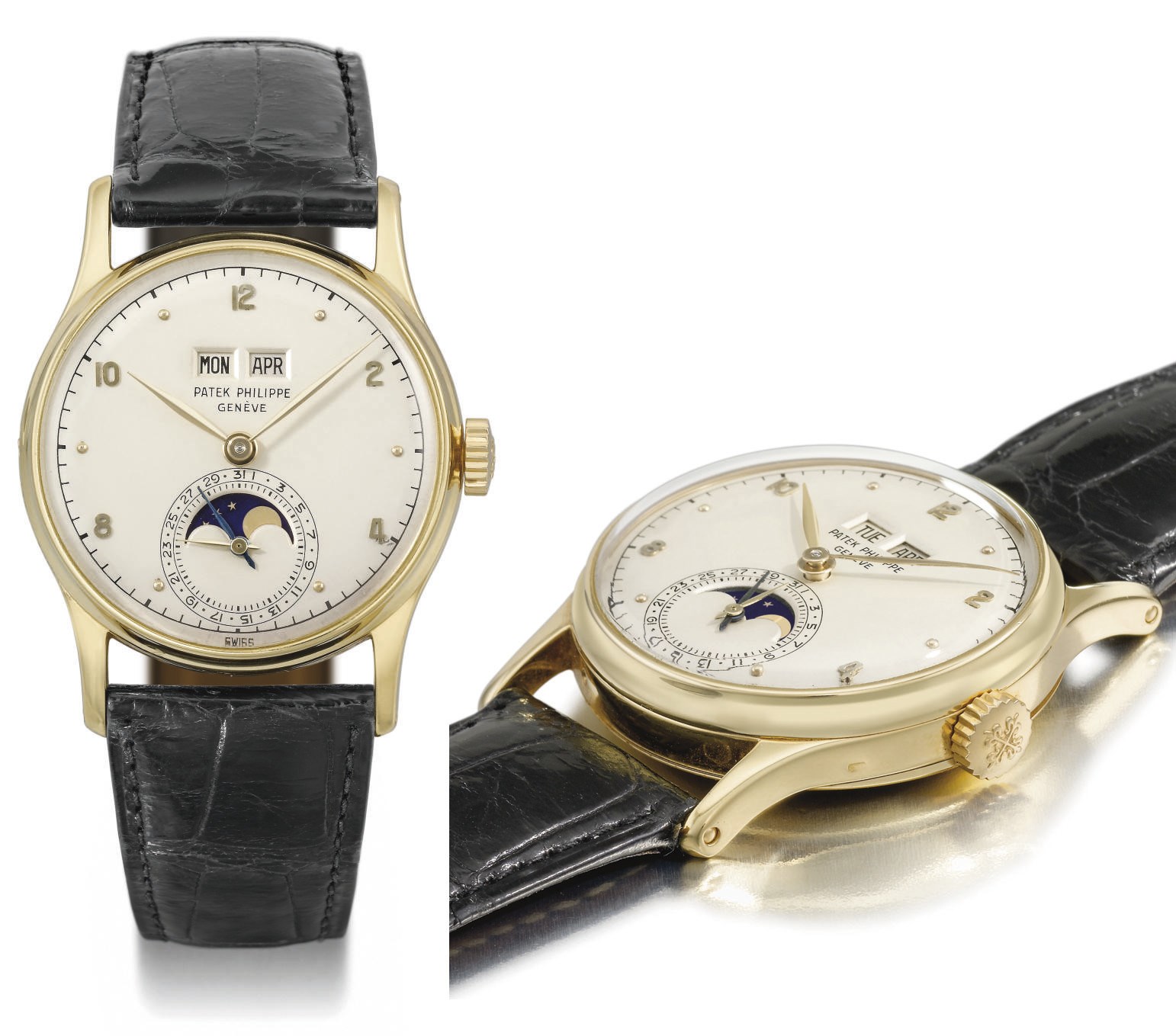 Patek Philippe. A fine and rare 18K gold perpetual calendar wristwatch with moon phases