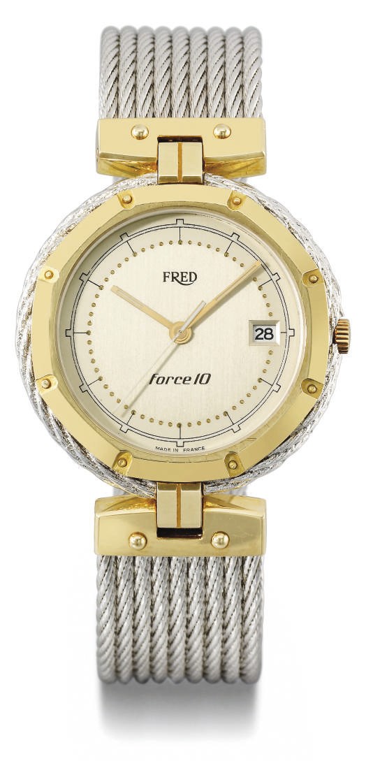Fred. A stainless steel and 18K gold wristwatch with sweep centre seconds, date and bracelet